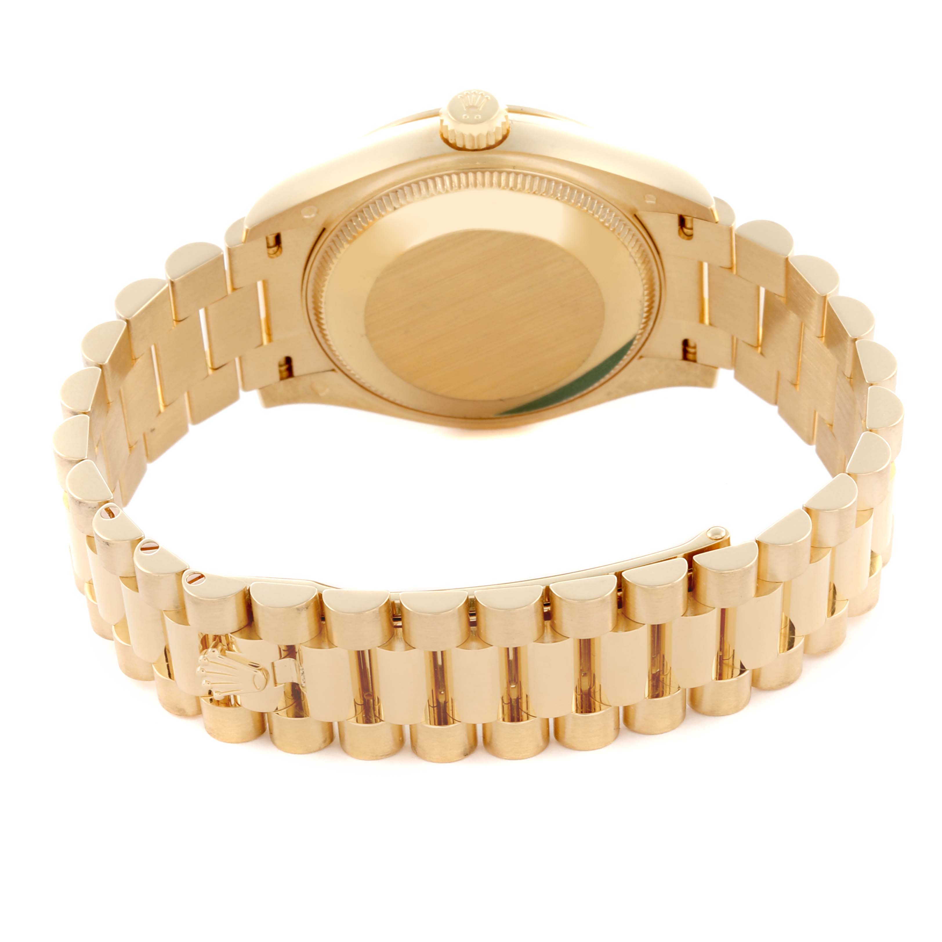 The image shows the back and bracelet of a Rolex President 278248 Women's Yellow Gold Mother of Pearl Dial 278248 Women's Yellow Gold Mother of Pearl Dial model, highlighting its gold finish and clasp detail.