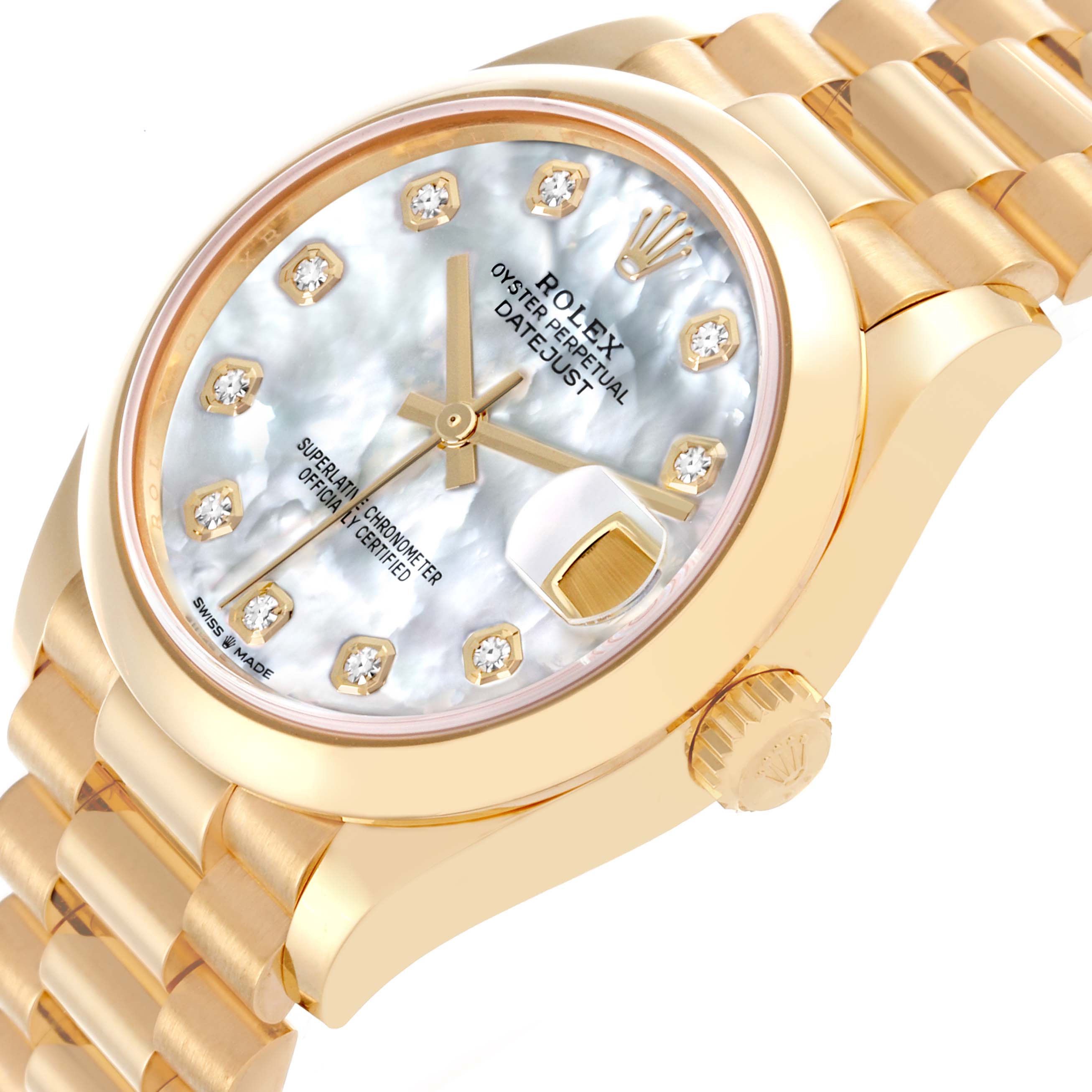 The Rolex President 278248 Women's Yellow Gold Mother of Pearl Dial 278248 Women's Yellow Gold Mother of Pearl Dial watch is shown at a slight angle, displaying the face, crown, and part of the bracelet.