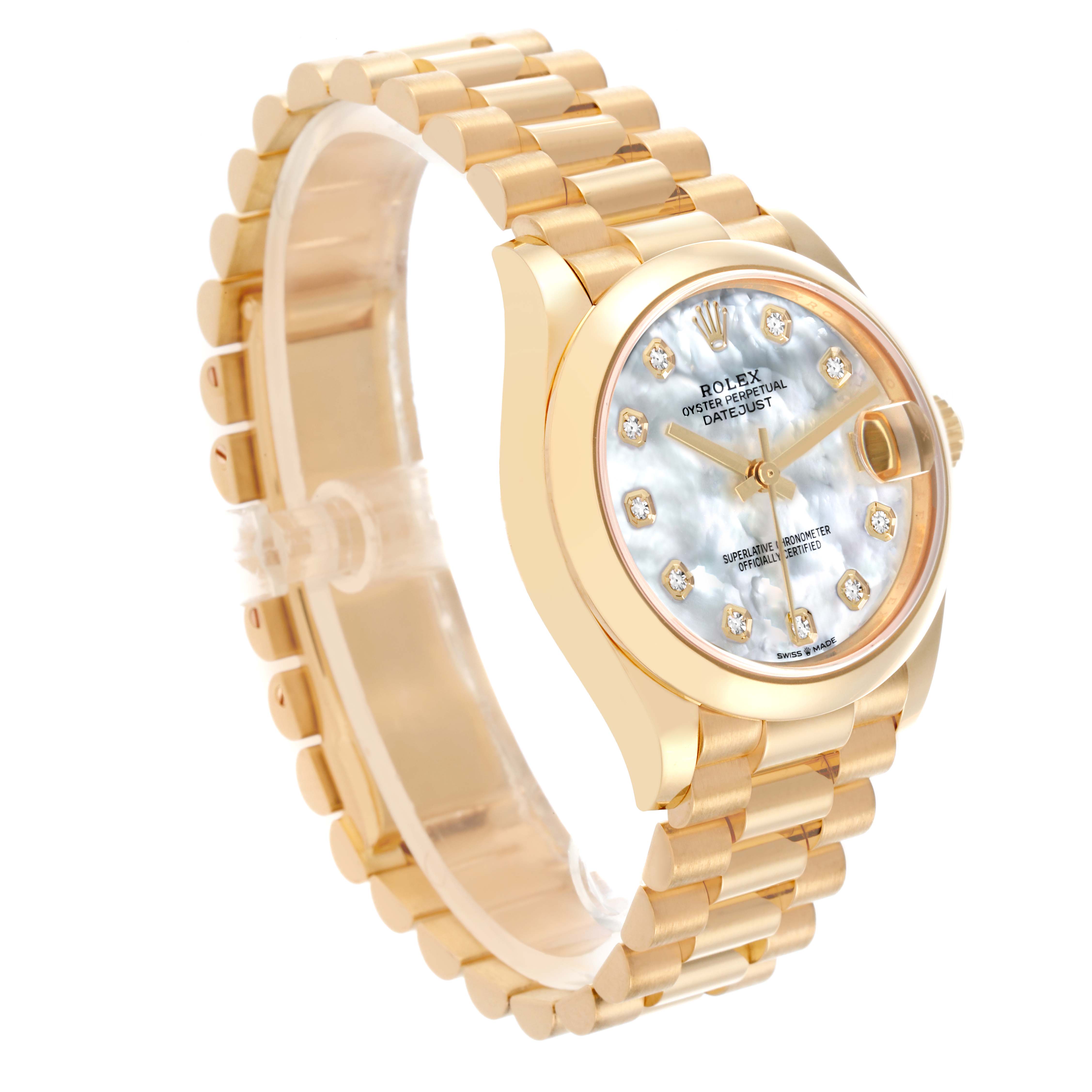 The Rolex President 278248 Women's Yellow Gold Mother of Pearl Dial 278248 Women's Yellow Gold Mother of Pearl Dial watch is shown at a 3/4 angle, highlighting the dial, bezel, and bracelet.