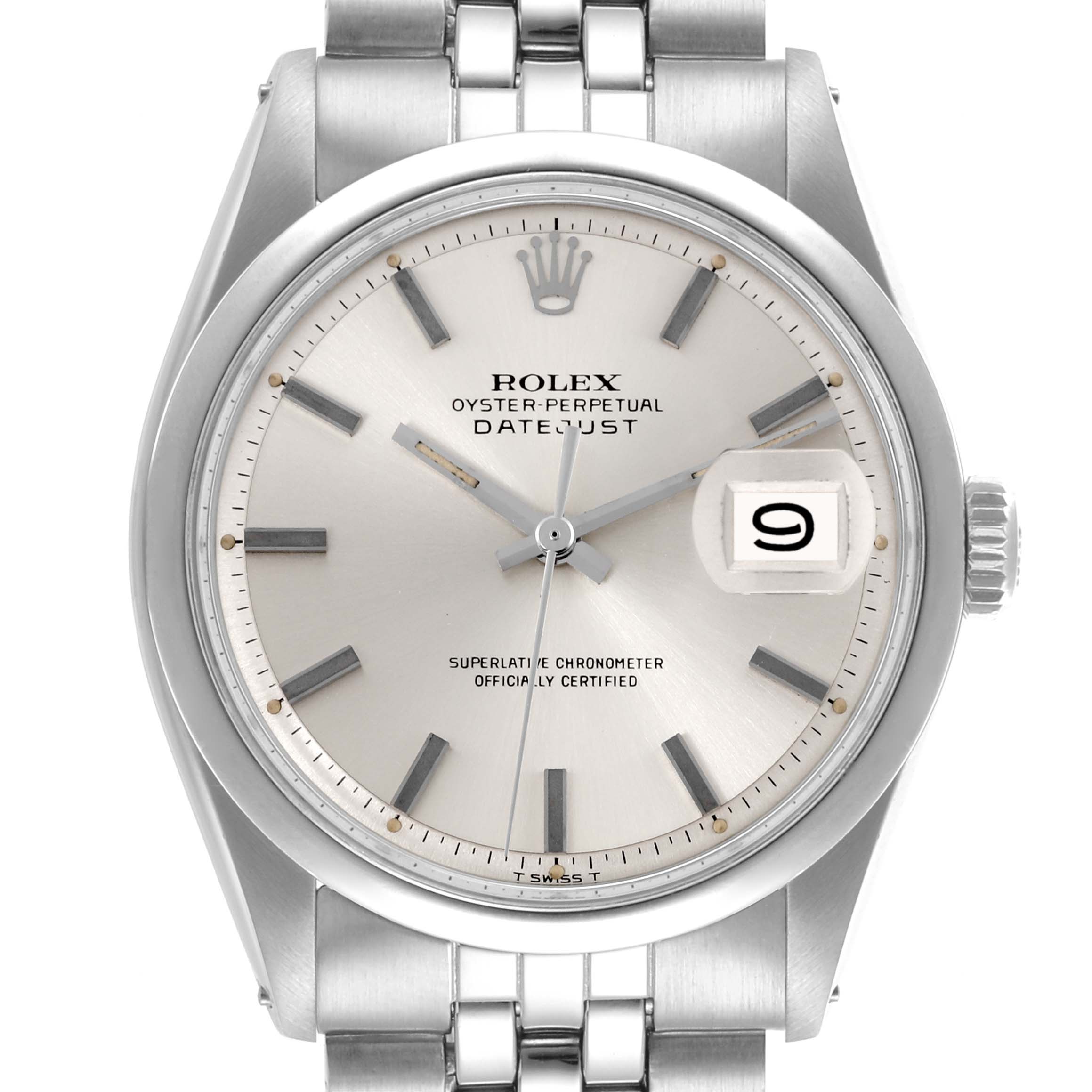 The Rolex Vintage Collection 1600 Men's Stainless Steel Silver Dial 1600 Men's Stainless Steel Silver Dial model is shown from a front view, displaying its face, bracelet, and crown.