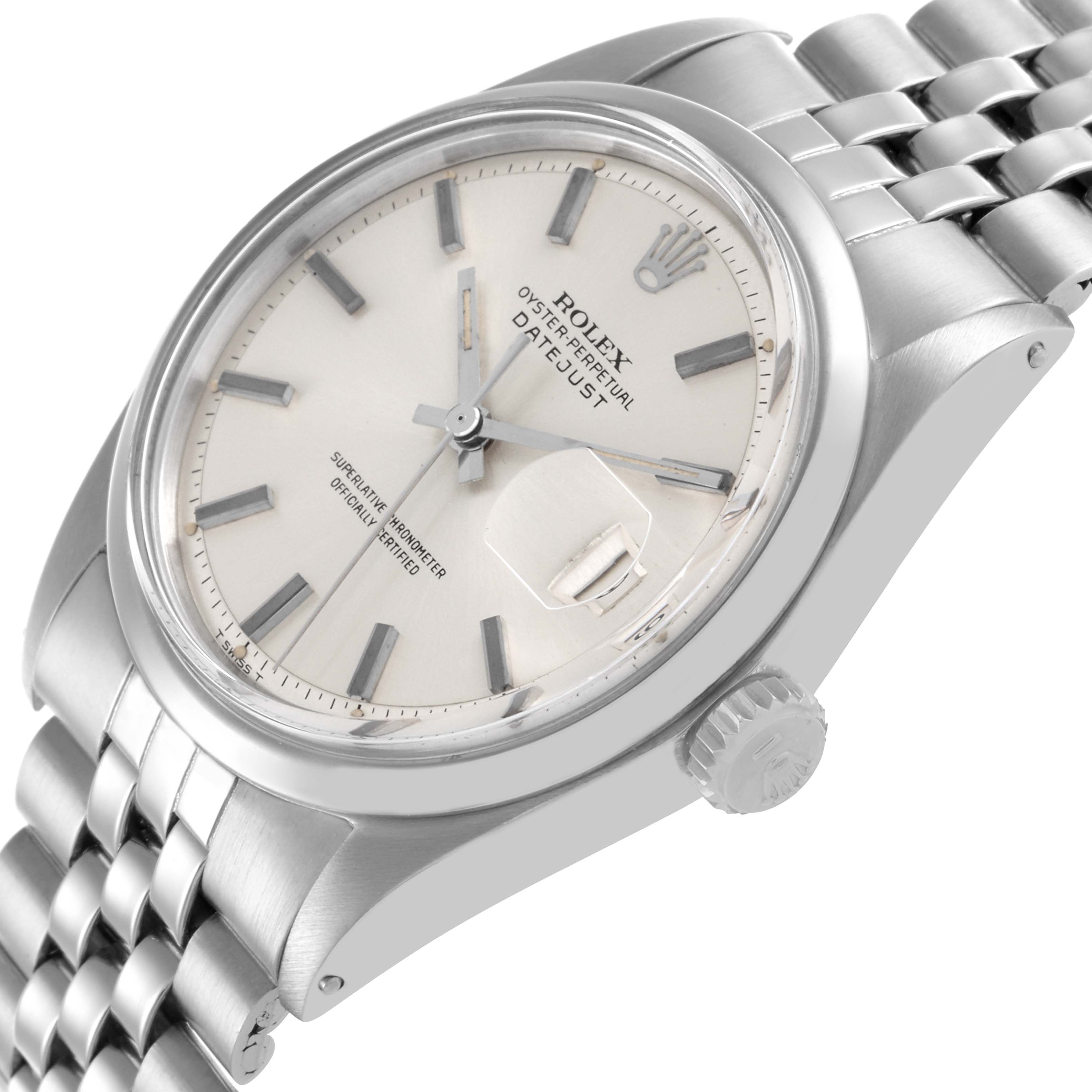 The image shows a Rolex Vintage Collection 1600 Men's Stainless Steel Silver Dial 1600 Men's Stainless Steel Silver Dial watch at an angled view, highlighting its face, bezel, crown, and part of the bracelet.