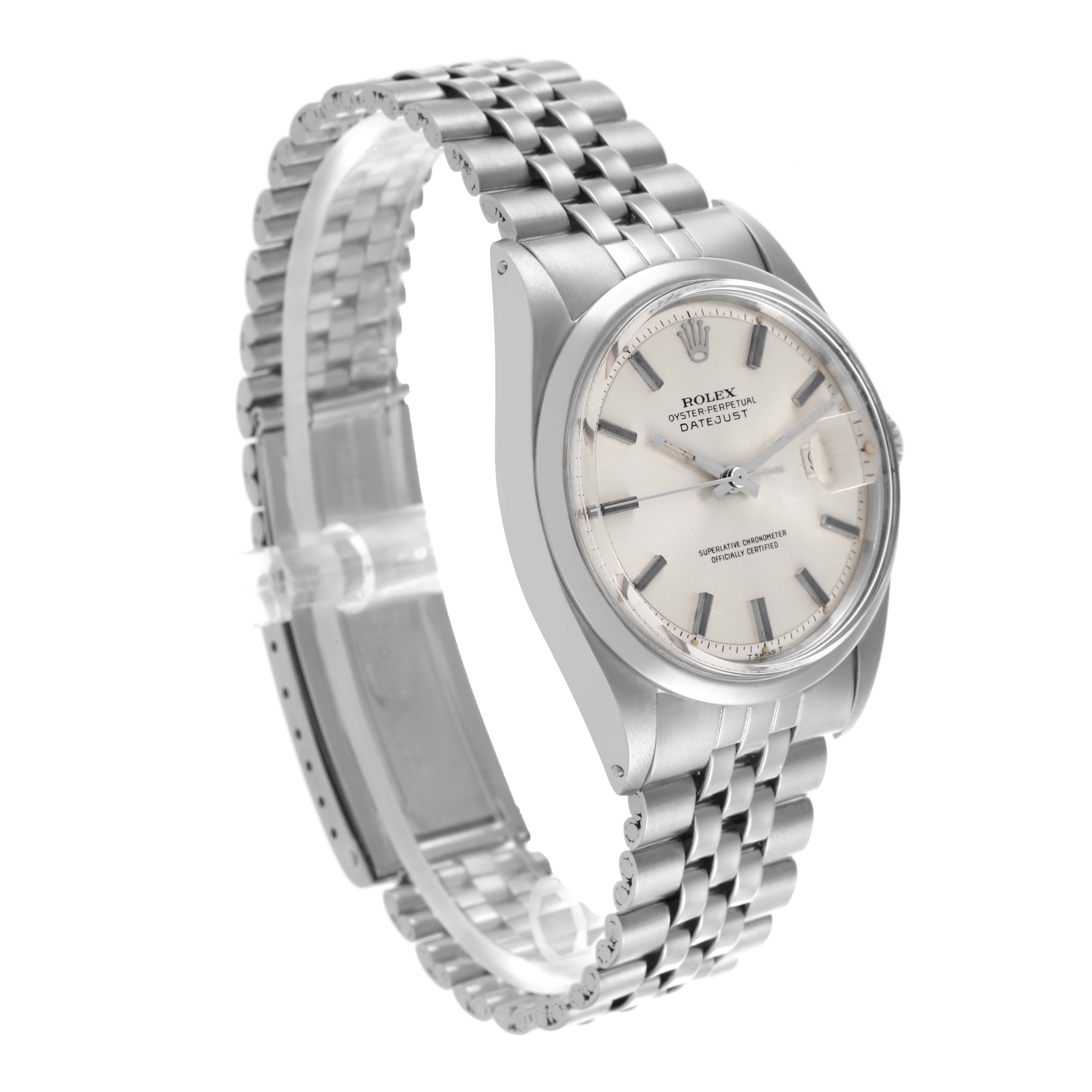The Rolex Vintage Collection 1600 Men's Stainless Steel Silver Dial 1600 Men's Stainless Steel Silver Dial watch is shown at a side angle, highlighting its face, bezel, and metal bracelet.