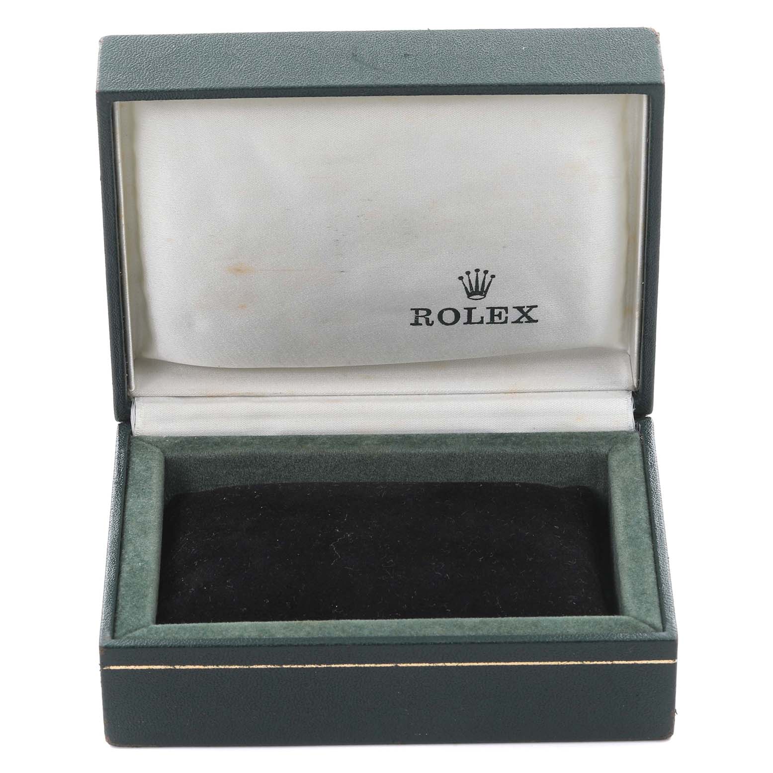 This image shows an open green watch box for the Rolex Vintage Collection 1600 Men's Stainless Steel Silver Dial 1600 Men's Stainless Steel Silver Dial, highlighting its logo and interior lining.