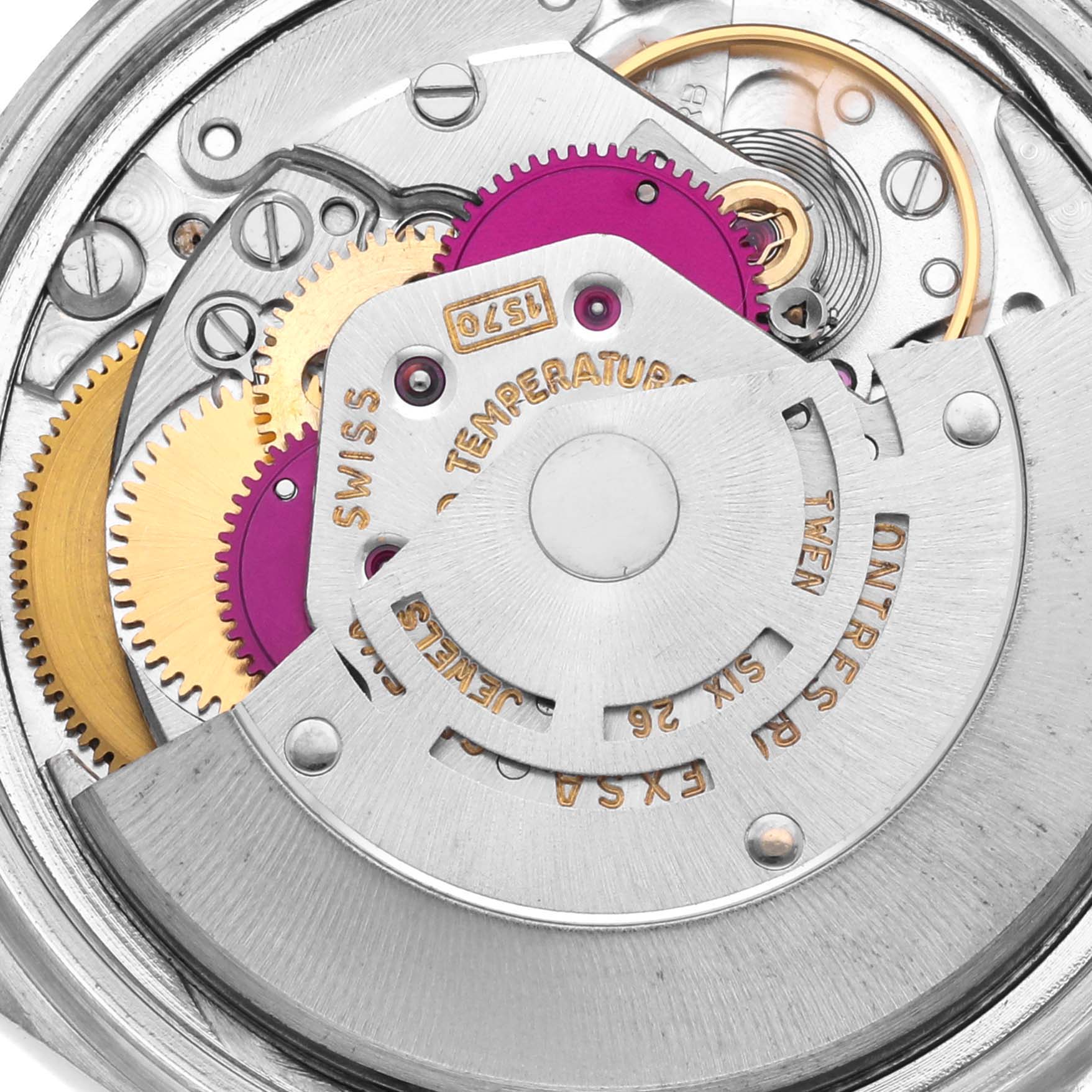 This image shows an inside view of the Rolex Vintage Collection 1600 Men's Stainless Steel Silver Dial 1600 Men's Stainless Steel Silver Dial watch's movement, highlighting gears and intricate components.