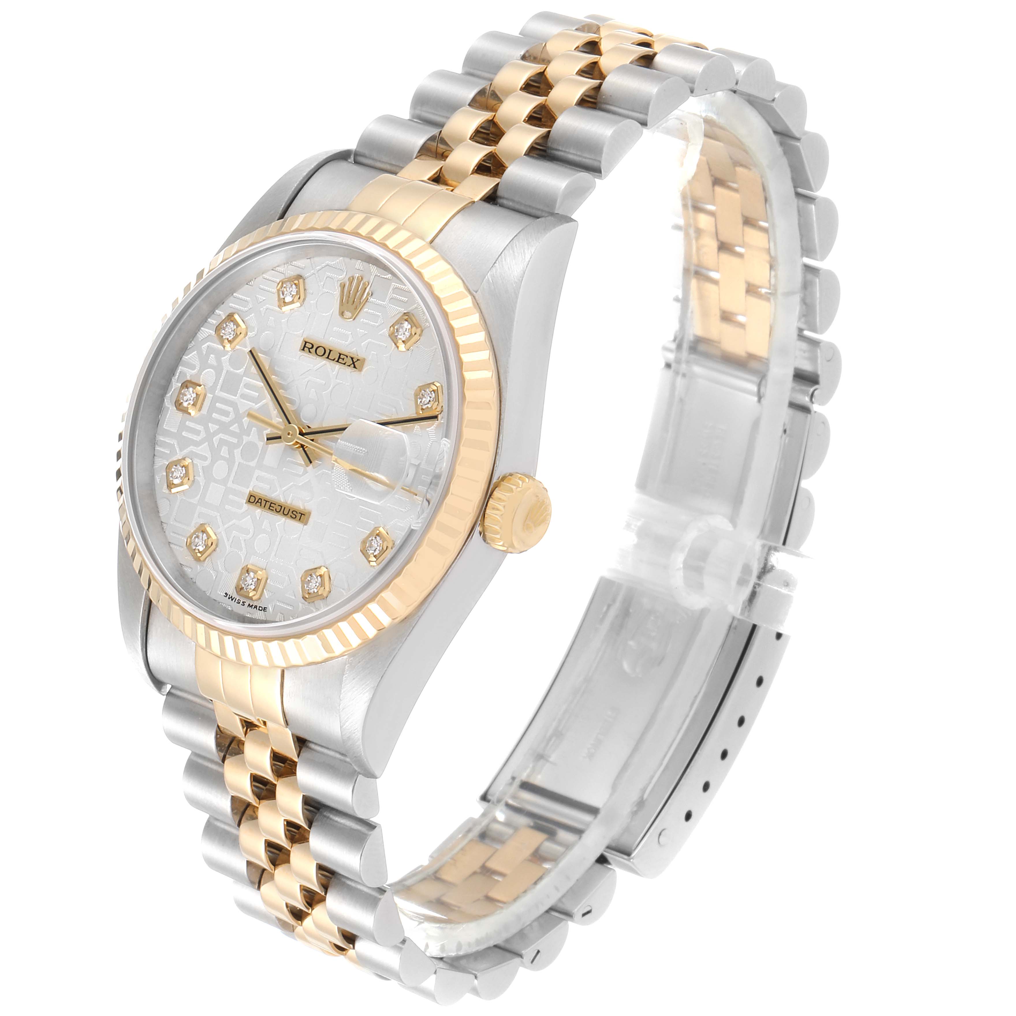 The Rolex Datejust 16233G Men's Steel and Gold (two tone) Silver Dial 16233G Men's Steel and Gold (two tone) Silver Dial watch is shown at an angled side view, displaying the face, dial, bezel, case, and bracelet.