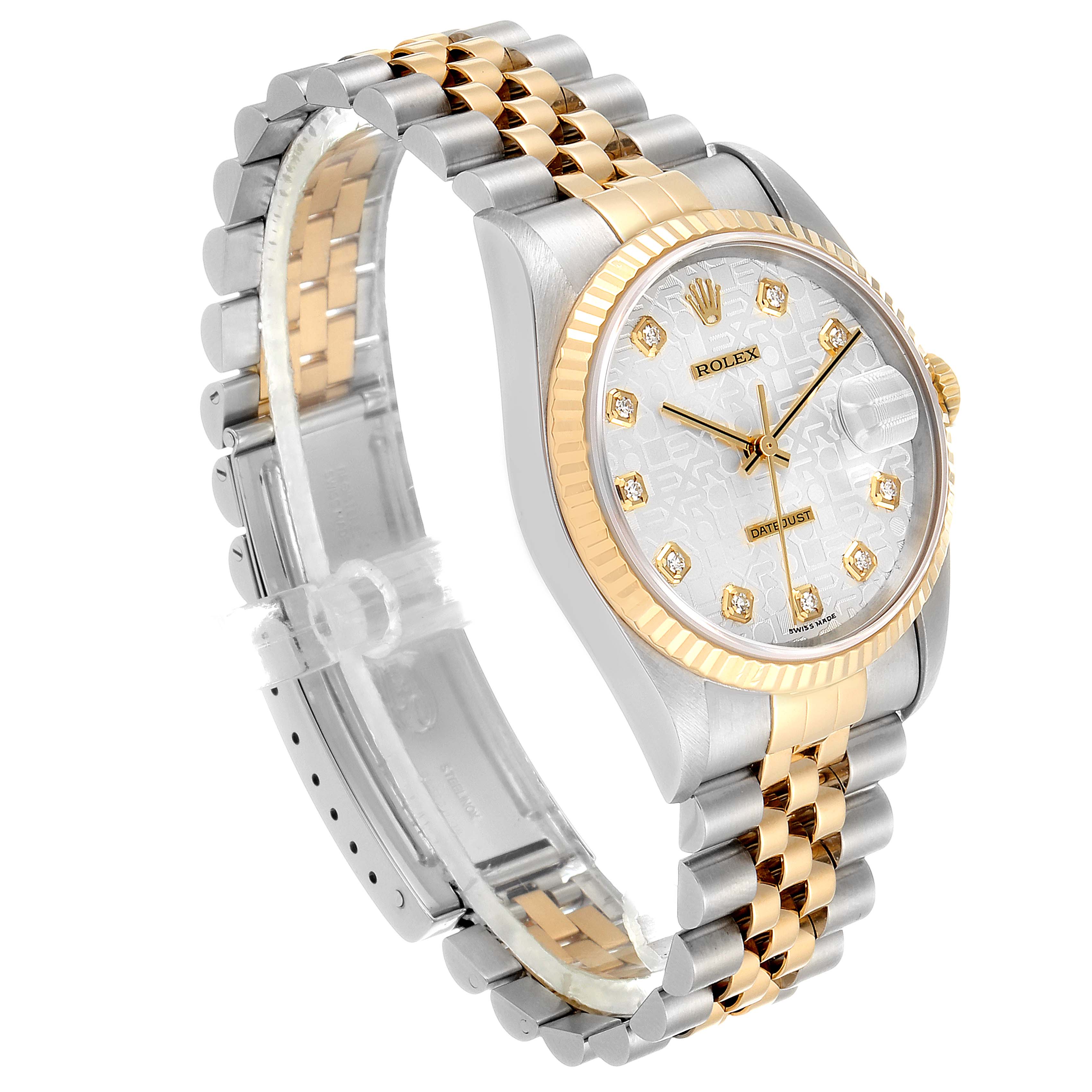 The image shows a Rolex Datejust 16233G Men's Steel and Gold (two tone) Silver Dial 16233G Men's Steel and Gold (two tone) Silver Dial watch at an angled side view, featuring a two-tone metal bracelet, a fluted bezel, and a patterned dial.