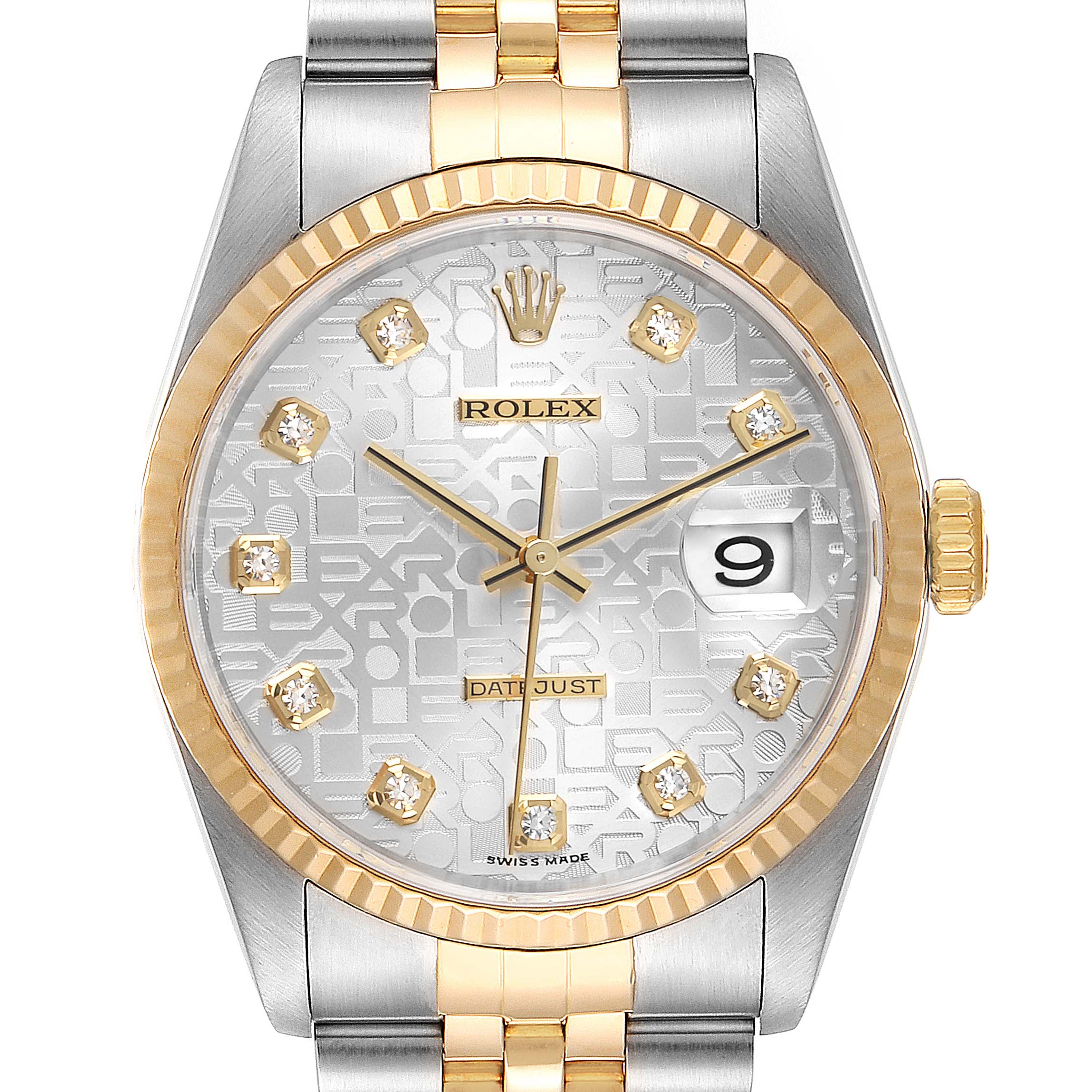This image shows a front view of a Rolex Datejust 16233G Men's Steel and Gold (two tone) Silver Dial 16233G Men's Steel and Gold (two tone) Silver Dial watch, highlighting its dial, bezel, crown, and bracelet.