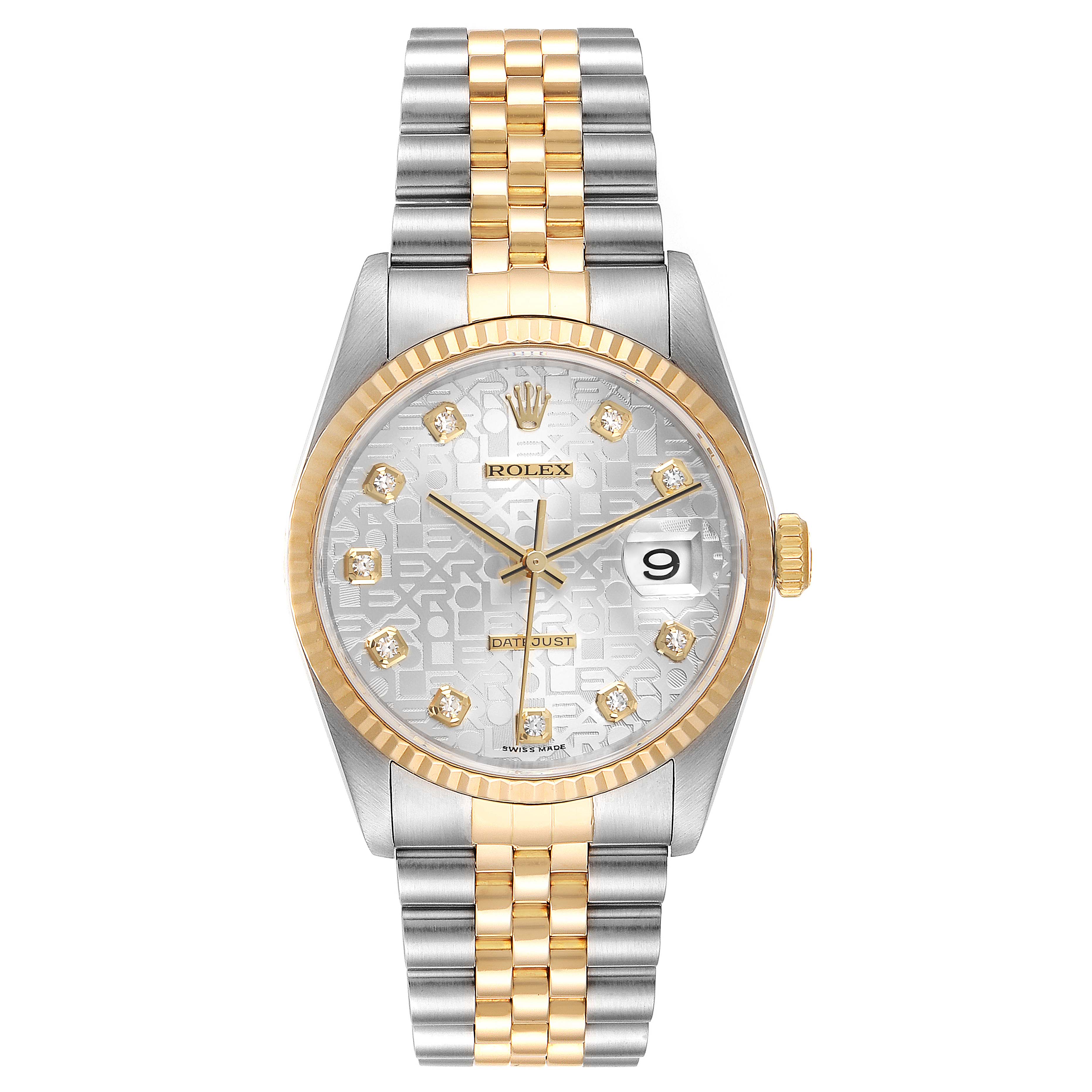 The Rolex Datejust 16233G Men's Steel and Gold (two tone) Silver Dial 16233G Men's Steel and Gold (two tone) Silver Dial watch is shown from the front, highlighting its two-tone bracelet, fluted bezel, and diamond hour markers.