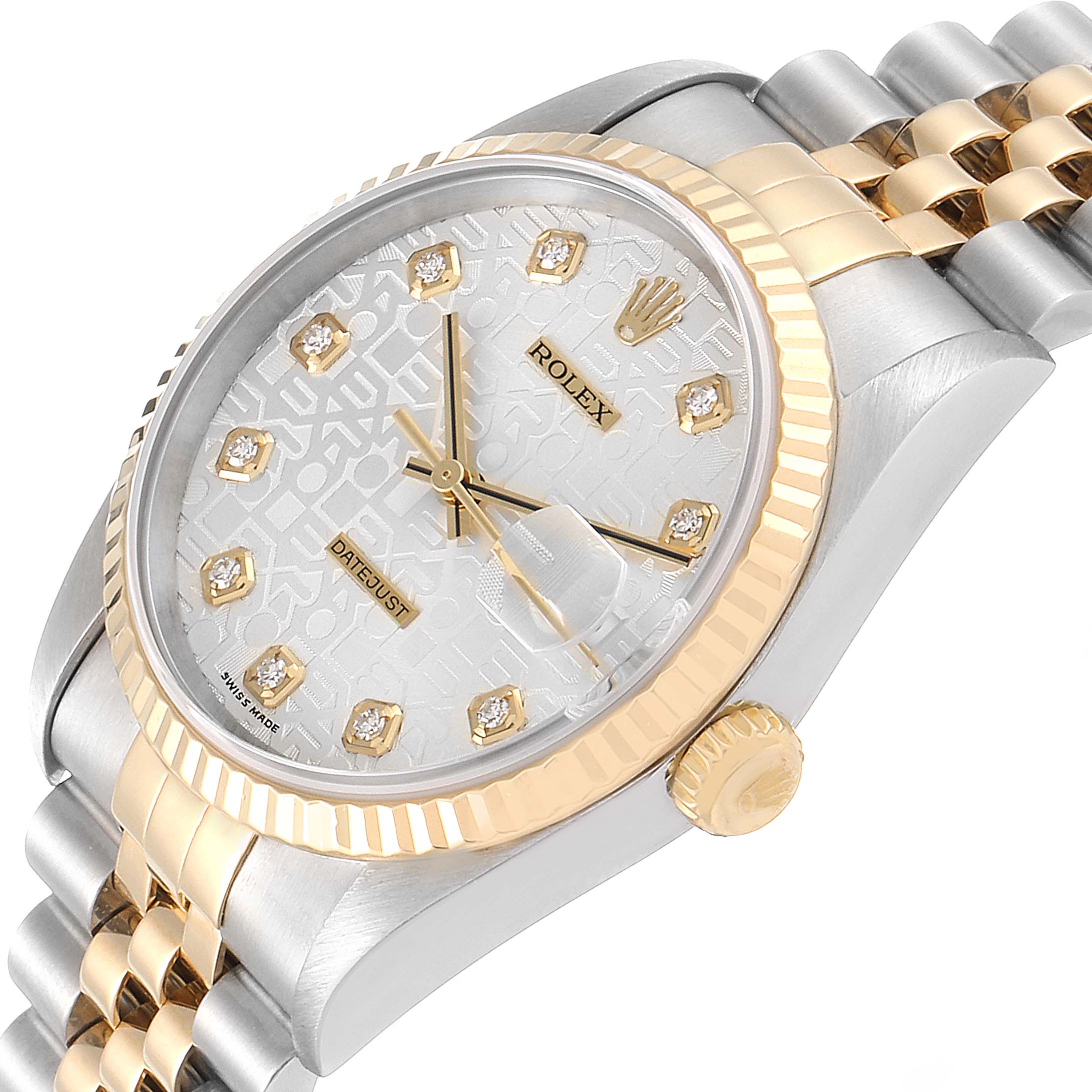 This image shows a Rolex Datejust 16233G Men's Steel and Gold (two tone) Silver Dial 16233G Men's Steel and Gold (two tone) Silver Dial watch at a slight angle, highlighting the face, bezel, crown, and part of the bracelet.