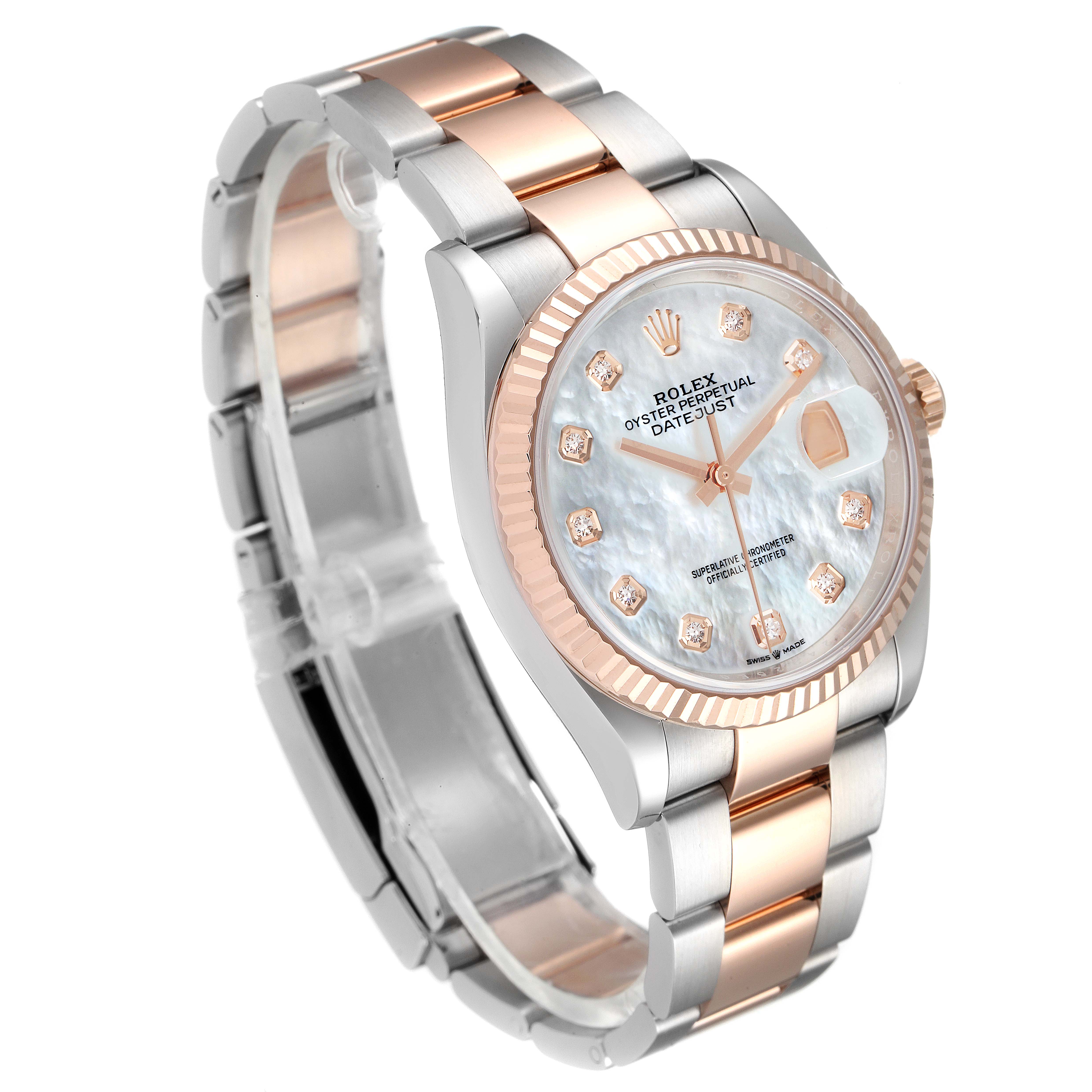 The image shows a Rolex Datejust 126231 Men's Steel and Gold (two tone) Mother of Pearl Dial 126231 Men's Steel and Gold (two tone) Mother of Pearl Dial watch at a 3/4 angle, highlighting its two-tone bracelet, fluted bezel, and diamond-set dial.