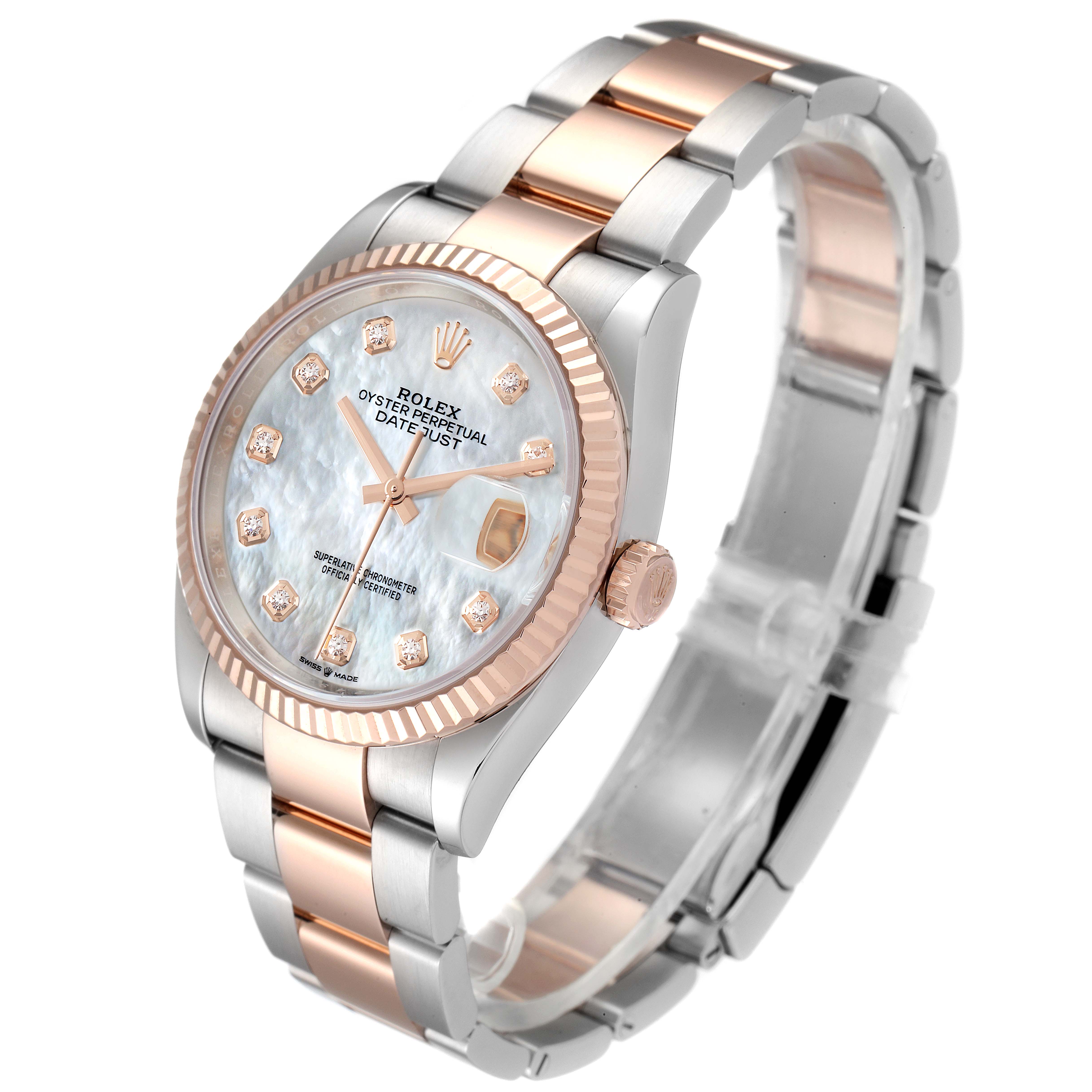 The image shows a Rolex Datejust 126231 Men's Steel and Gold (two tone) Mother of Pearl Dial 126231 Men's Steel and Gold (two tone) Mother of Pearl Dial watch angled to display the face, bezel, crown, and part of the bracelet.