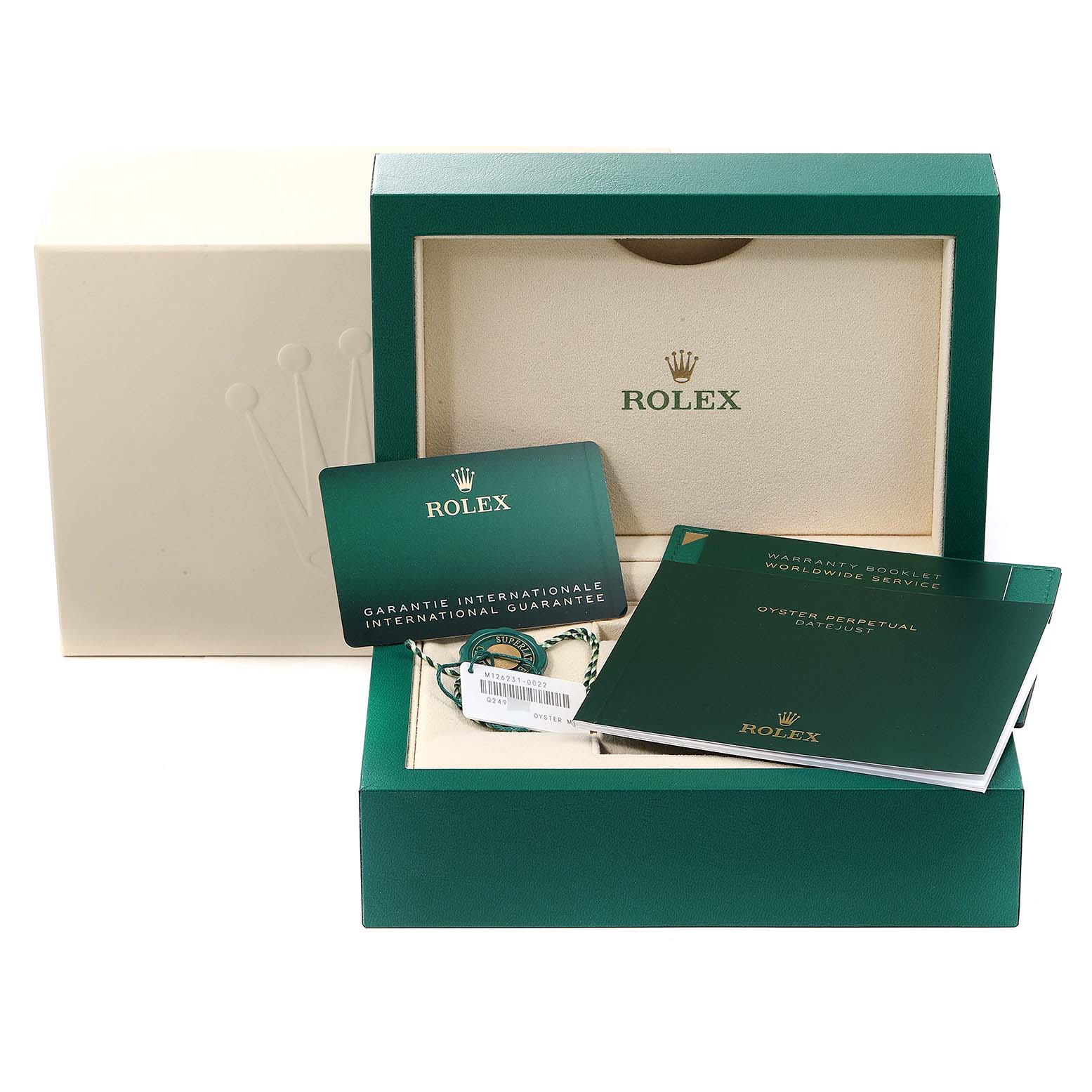 The image shows the packaging, warranty card, and booklet for a Rolex Datejust 126231 Men's Steel and Gold (two tone) Mother of Pearl Dial 126231 Men's Steel and Gold (two tone) Mother of Pearl Dial watch.