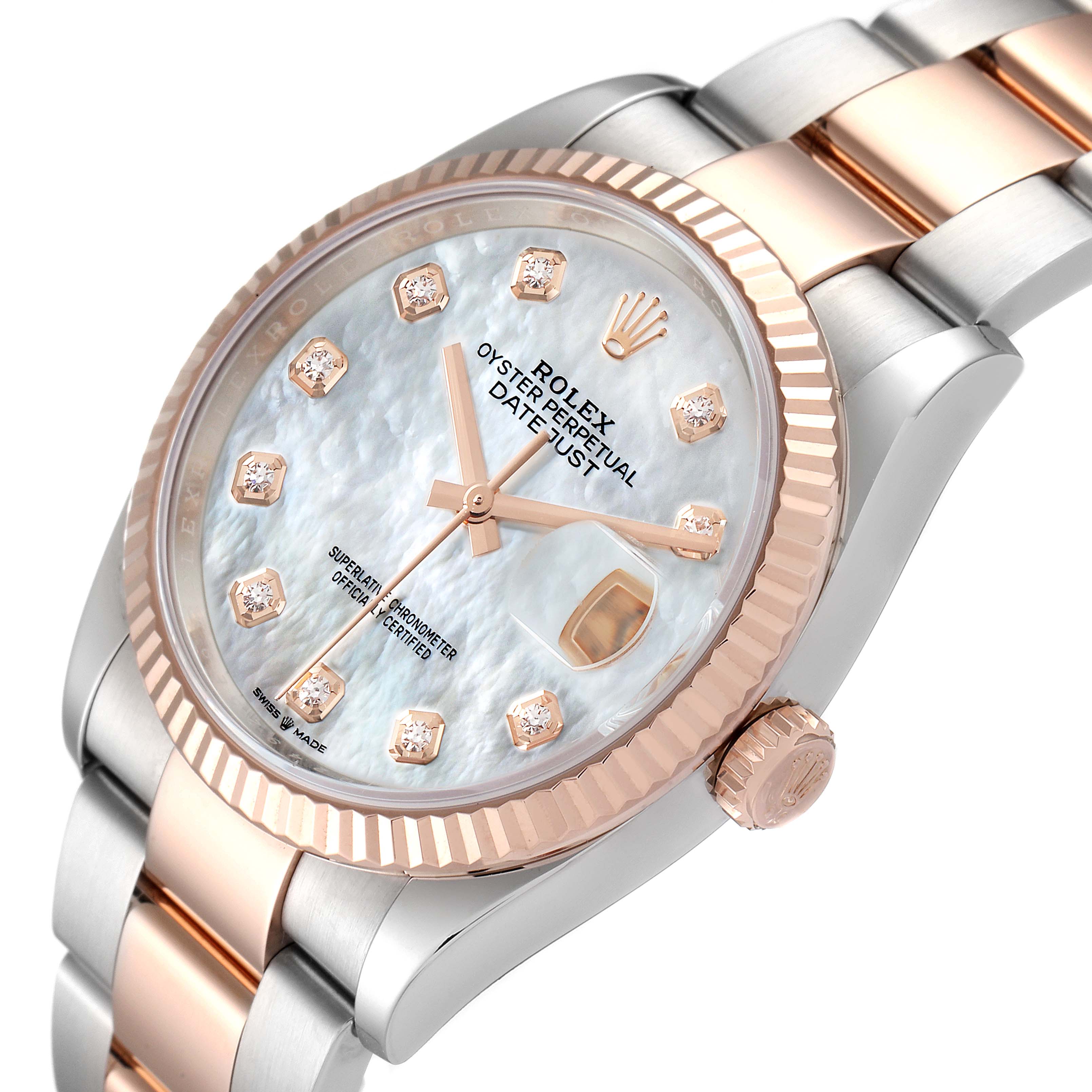The image shows a close-up angled view of the Rolex Datejust 126231 Men's Steel and Gold (two tone) Mother of Pearl Dial 126231 Men's Steel and Gold (two tone) Mother of Pearl Dial watch, highlighting the dial, bezel, crown, and part of the bracelet.