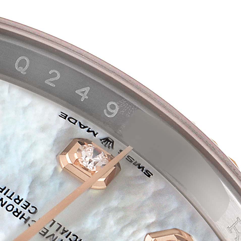 The image shows a close-up of the dial and date window of the Rolex Datejust 126231 Men's Steel and Gold (two tone) Mother of Pearl Dial 126231 Men's Steel and Gold (two tone) Mother of Pearl Dial watch.