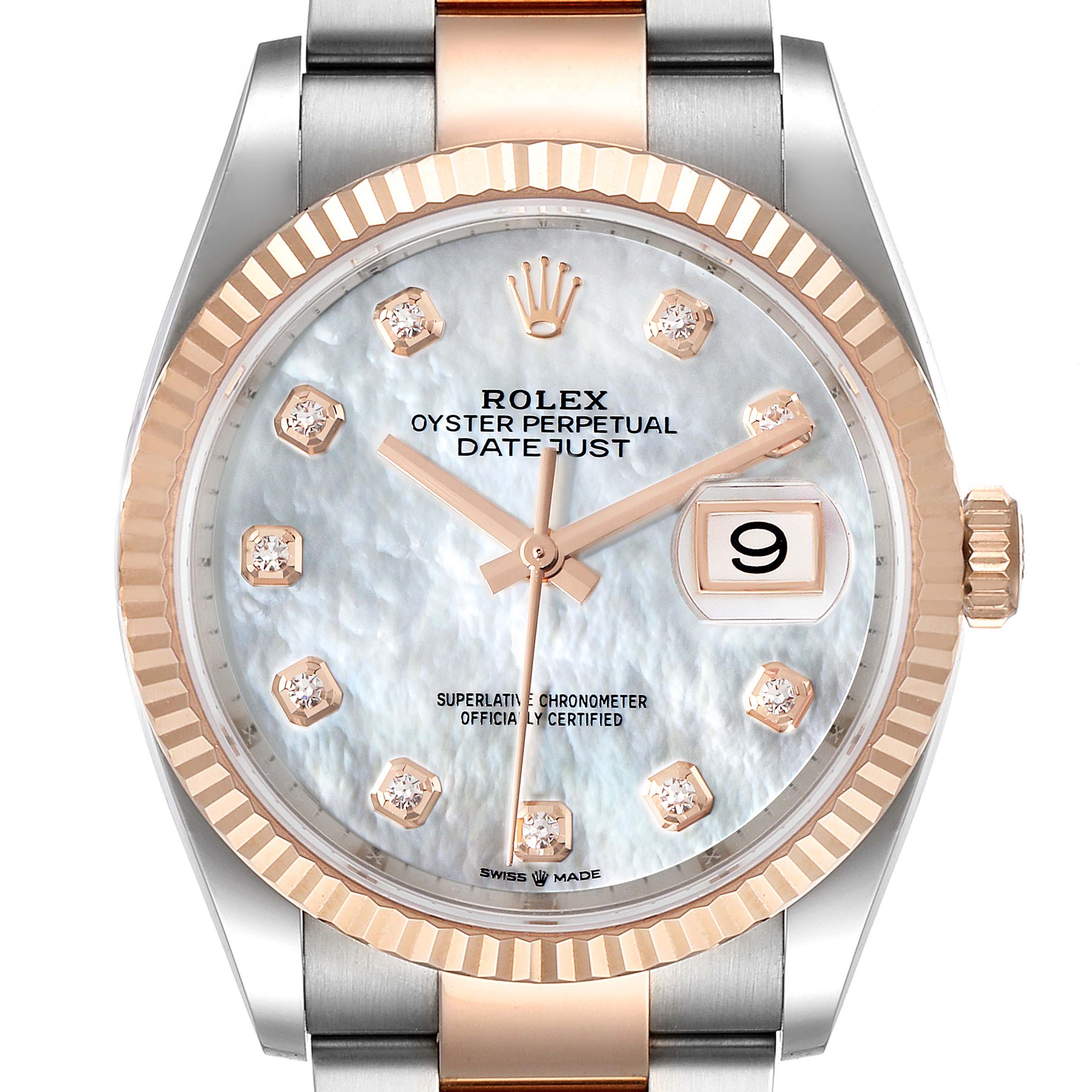 The Rolex Datejust 126231 Men's Steel and Gold (two tone) Mother of Pearl Dial 126231 Men's Steel and Gold (two tone) Mother of Pearl Dial watch is shown from a front angle, displaying its face, bezel, and part of the strap.