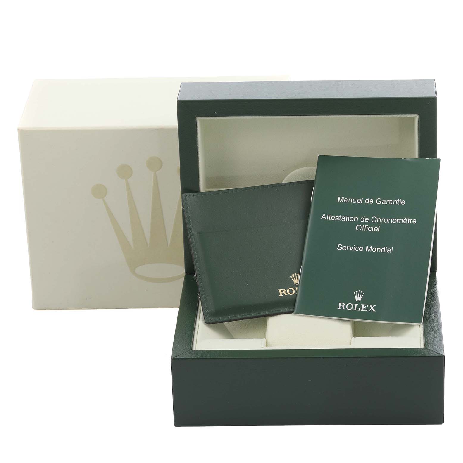 The image shows a Rolex Datejust 179171 Women's Steel and Gold (two tone) Black Dial 179171 Women's Steel and Gold (two tone) Black Dial box, warranty manual, and cardholder in an open display.