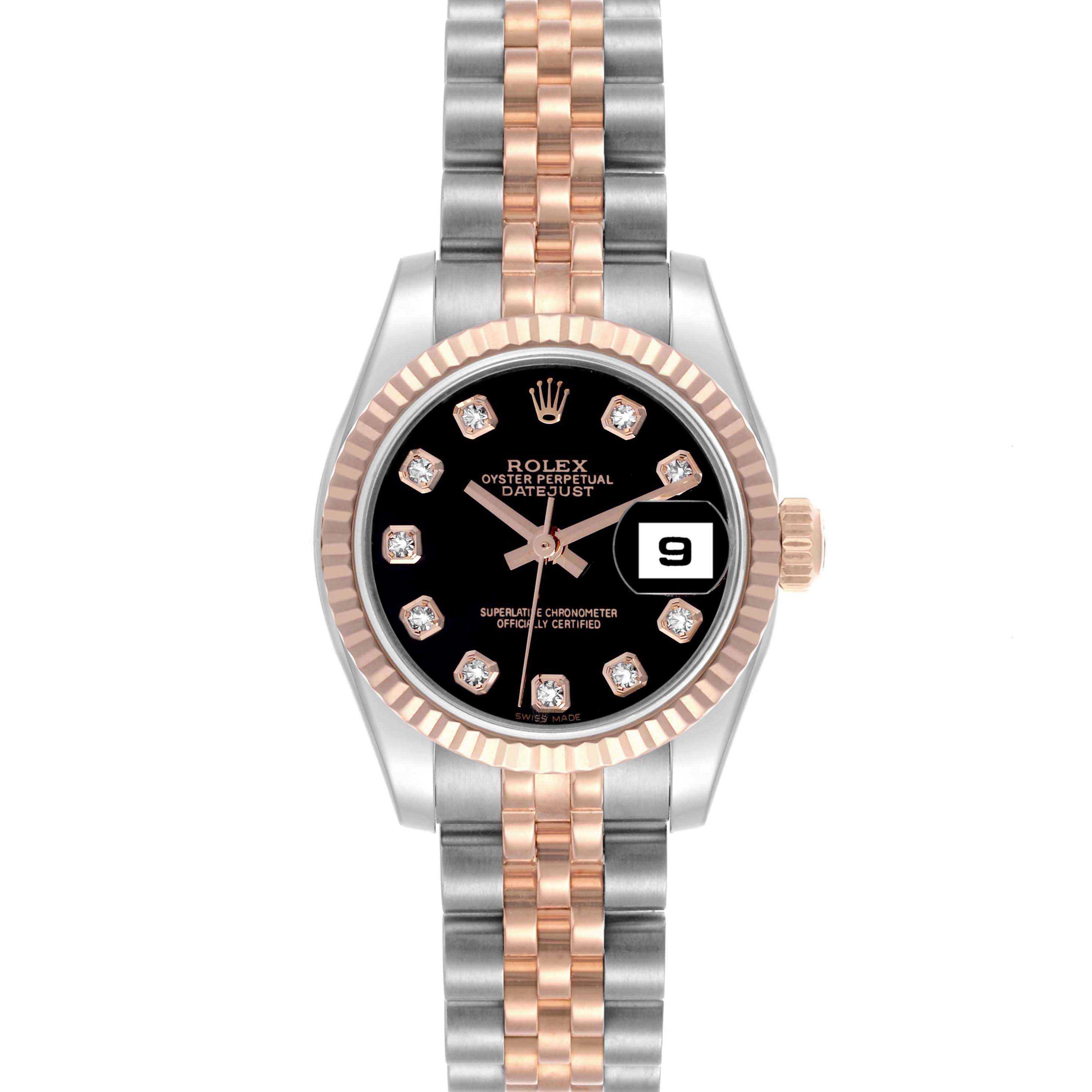 The Rolex Datejust 179171 Women's Steel and Gold (two tone) Black Dial 179171 Women's Steel and Gold (two tone) Black Dial watch is shown from the front, highlighting the black dial, diamond markers, and two-tone Jubilee bracelet.