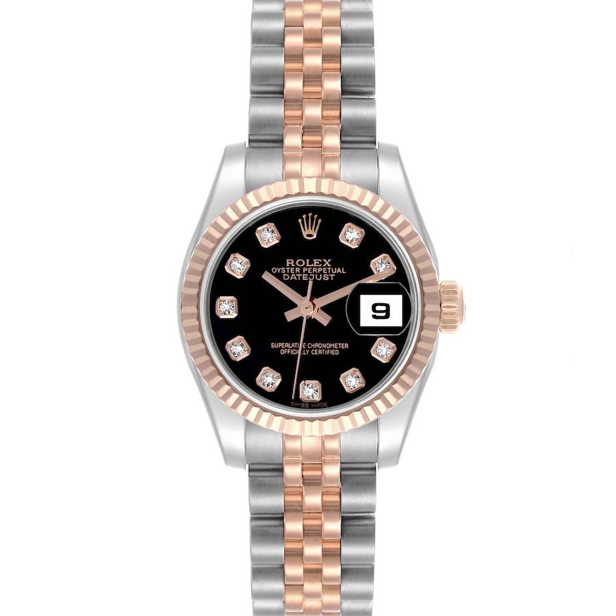 The Rolex Datejust watch is shown from the front, highlighting the black dial, diamond markers, and two-tone Jubilee bracelet.