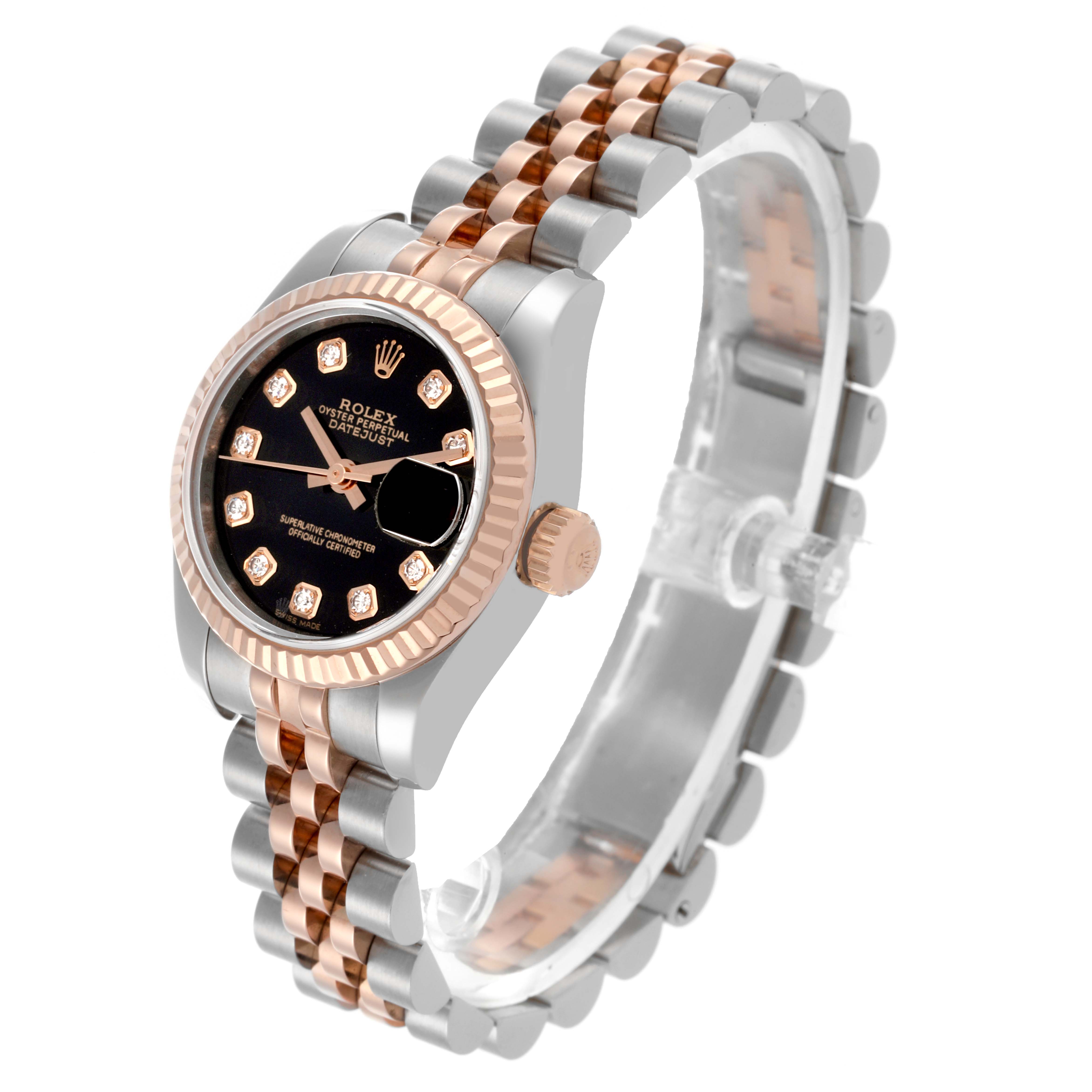 The Rolex Datejust 179171 Women's Steel and Gold (two tone) Black Dial 179171 Women's Steel and Gold (two tone) Black Dial watch is shown from a three-quarter angle, highlighting the face, bezel, and bracelet.