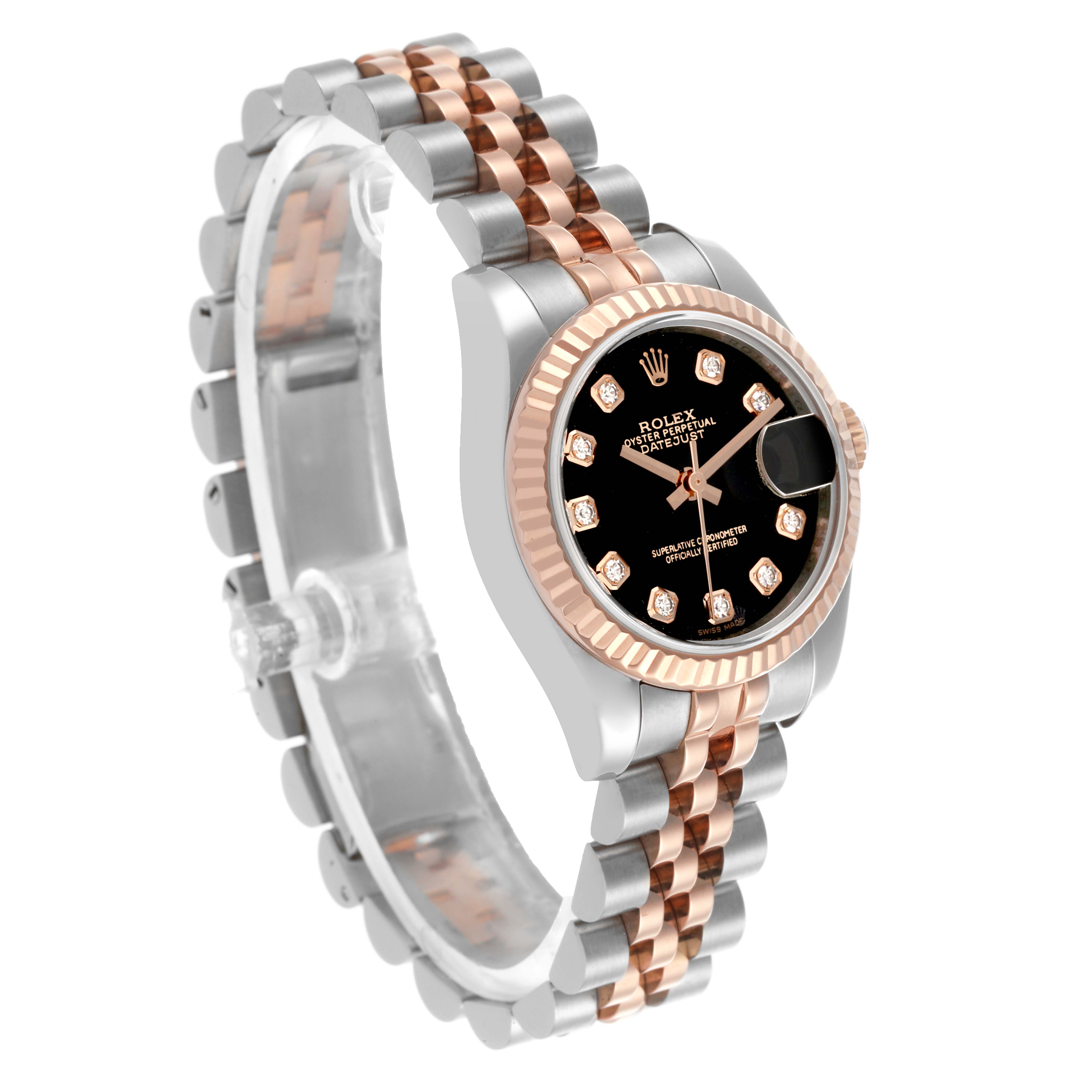 The Rolex Datejust 179171 Women's Steel and Gold (two tone) Black Dial 179171 Women's Steel and Gold (two tone) Black Dial watch is shown at a three-quarter angle, highlighting the dial, bezel, and bracelet.