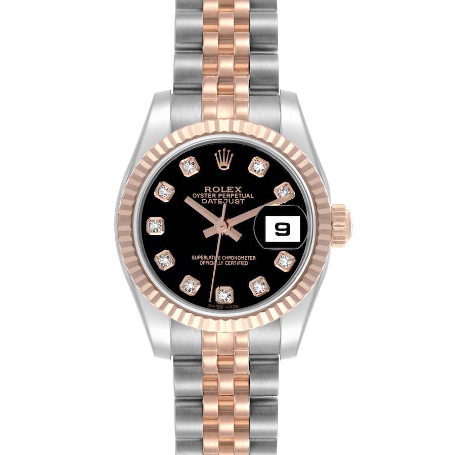 The Rolex Datejust watch is shown head-on, highlighting its black dial, diamond markers, and two-tone bracelet.