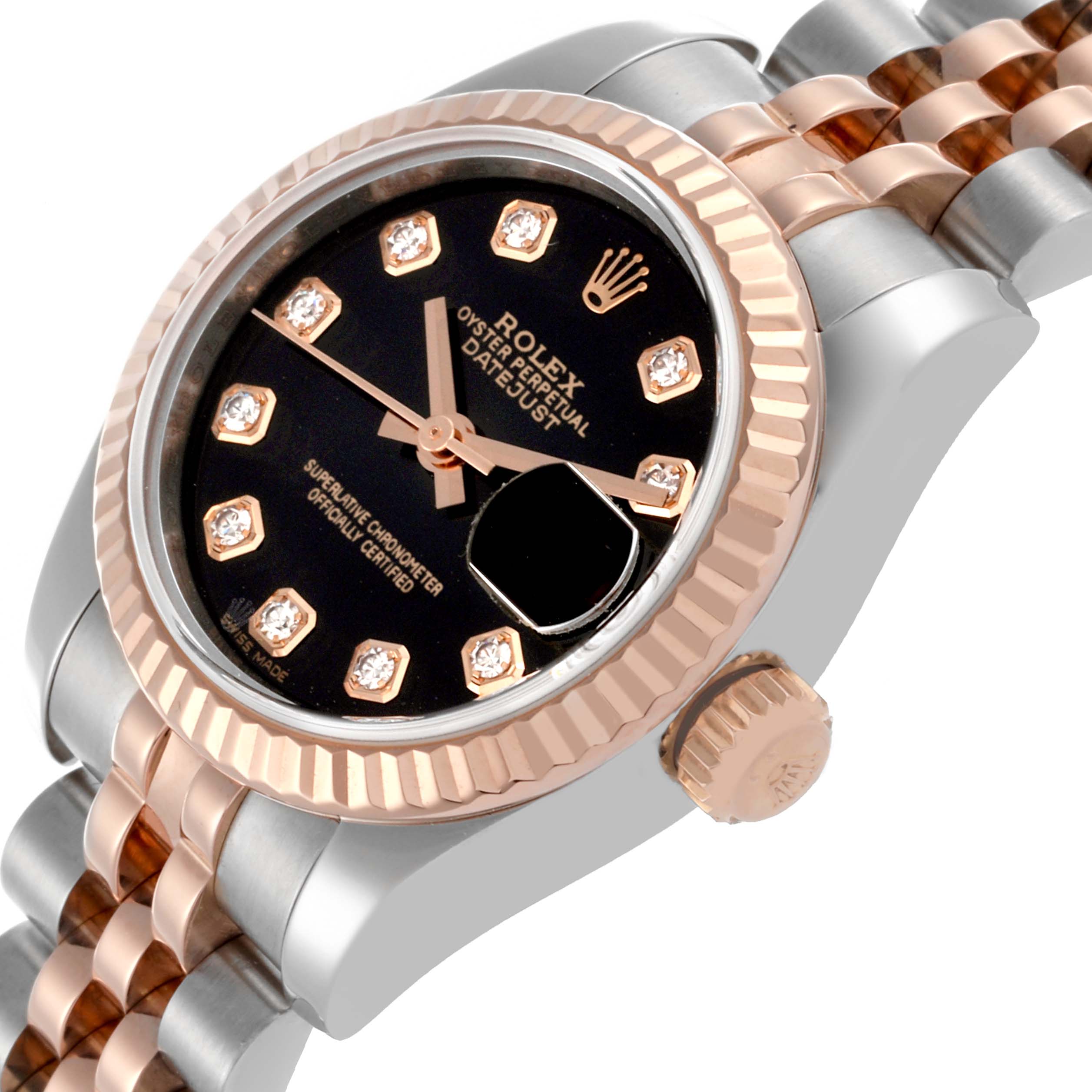 The watch is shown at an angle highlighting the Rolex Datejust 179171 Women's Steel and Gold (two tone) Black Dial 179171 Women's Steel and Gold (two tone) Black Dial dial, bezel, crown, and part of the band.