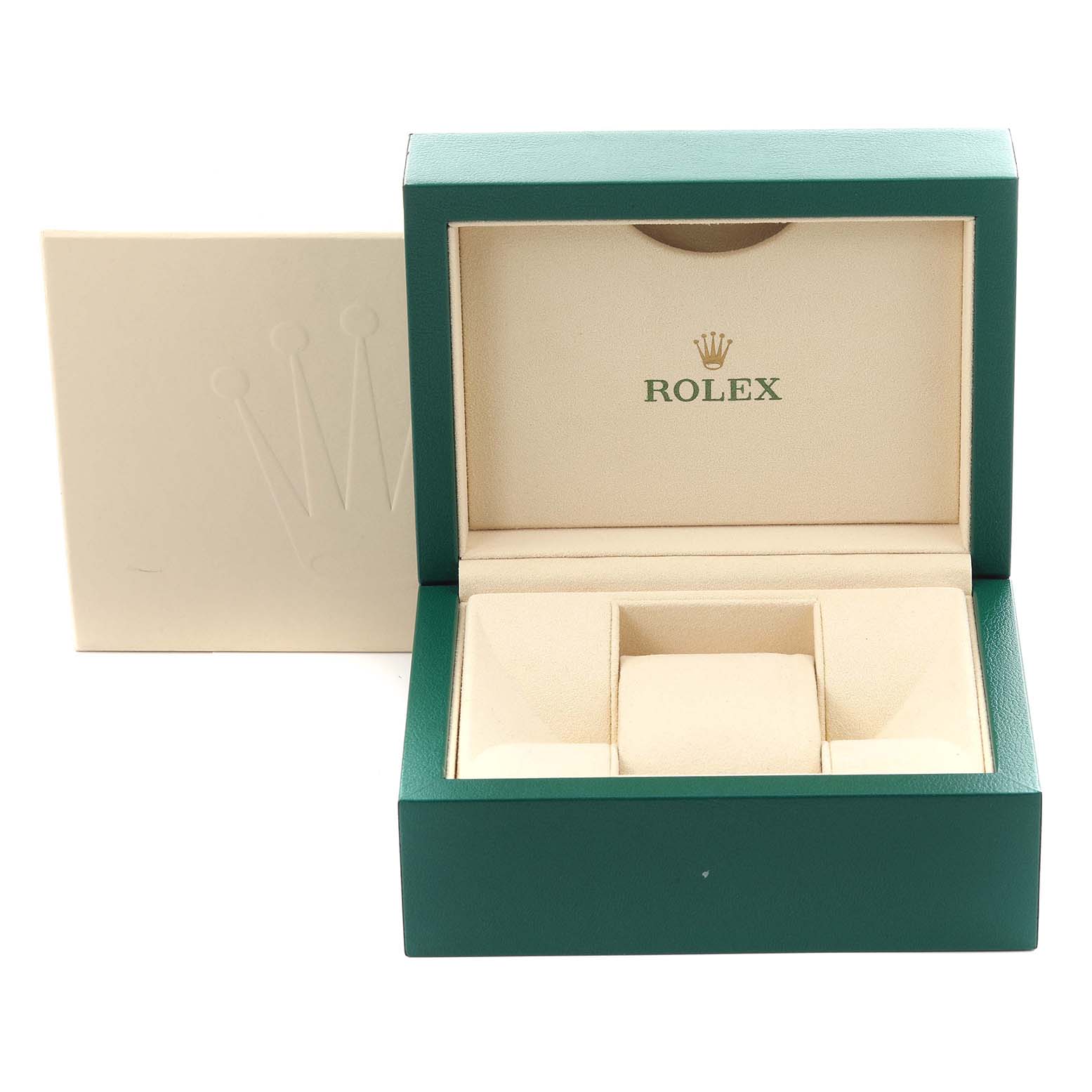 The image shows an open Rolex Datejust 178241 Women's Steel and Gold (two tone) Silver Dial 178241 Women's Steel and Gold (two tone) Silver Dial box with a green exterior and beige interior, featuring the Rolex logo.