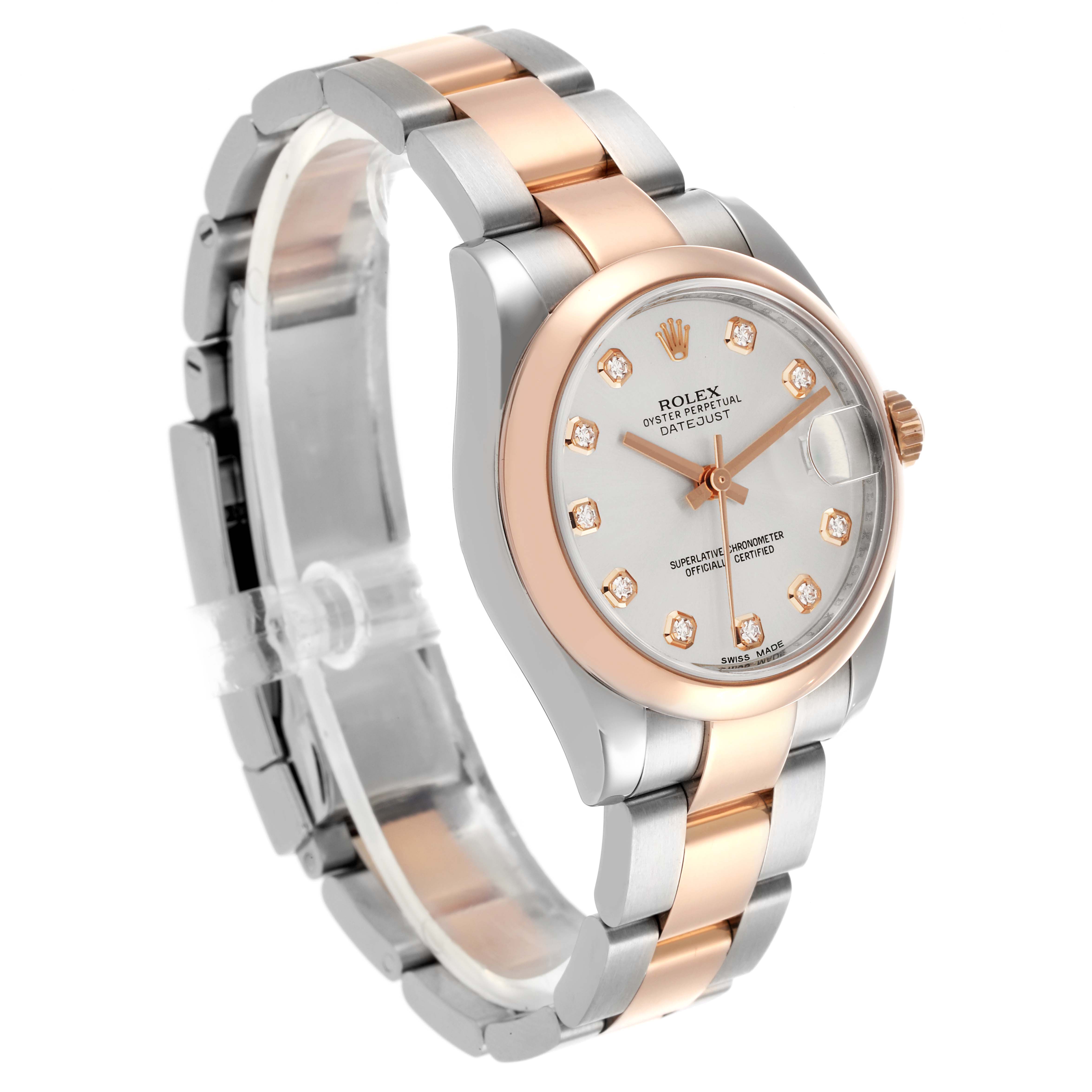The Rolex Datejust 178241 Women's Steel and Gold (two tone) Silver Dial 178241 Women's Steel and Gold (two tone) Silver Dial watch is shown from an angled perspective, highlighting the face, bezel, and two-tone bracelet.