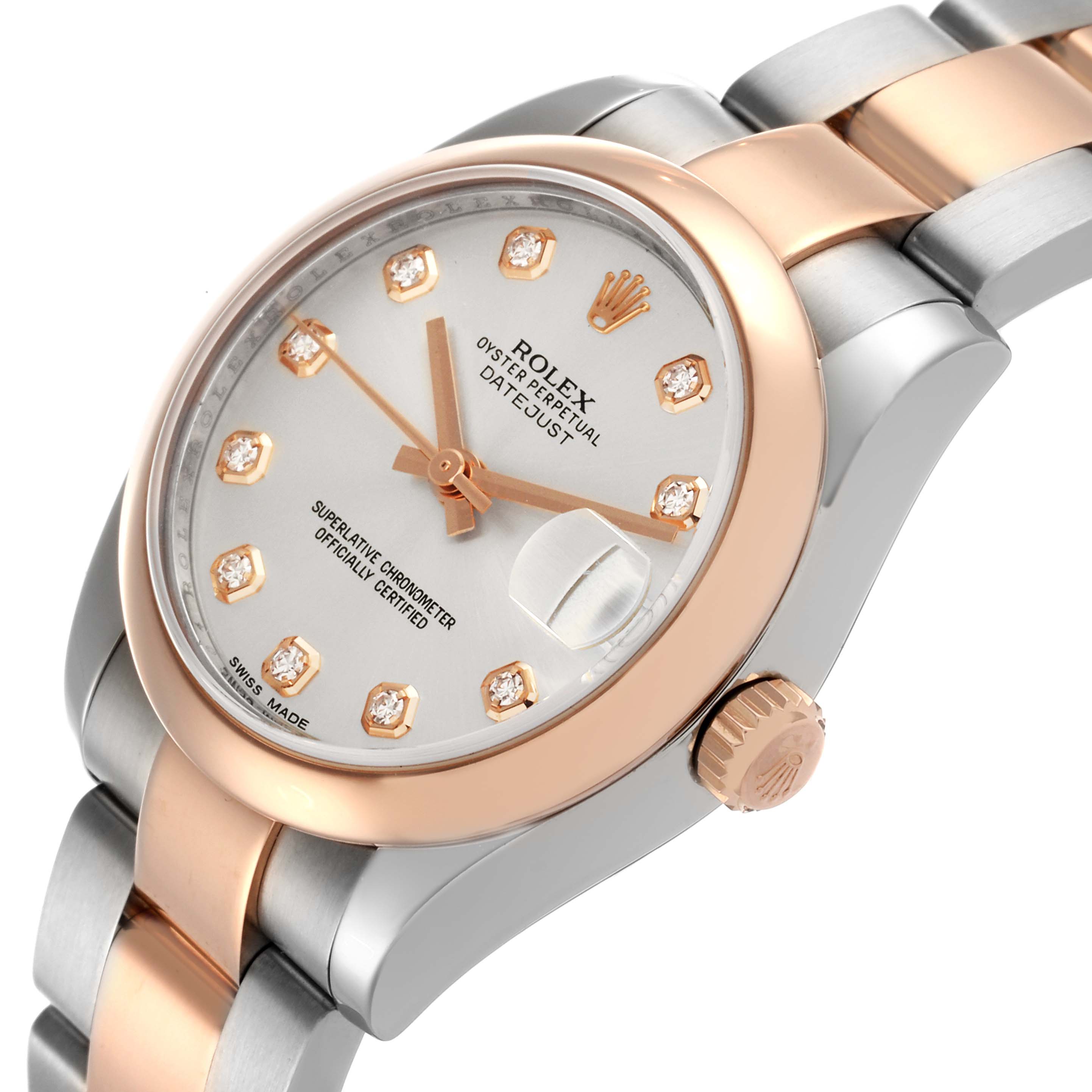 The Rolex Datejust 178241 Women's Steel and Gold (two tone) Silver Dial 178241 Women's Steel and Gold (two tone) Silver Dial watch is shown from a side angle, highlighting the dial, bezel, crown, and part of the bracelet.