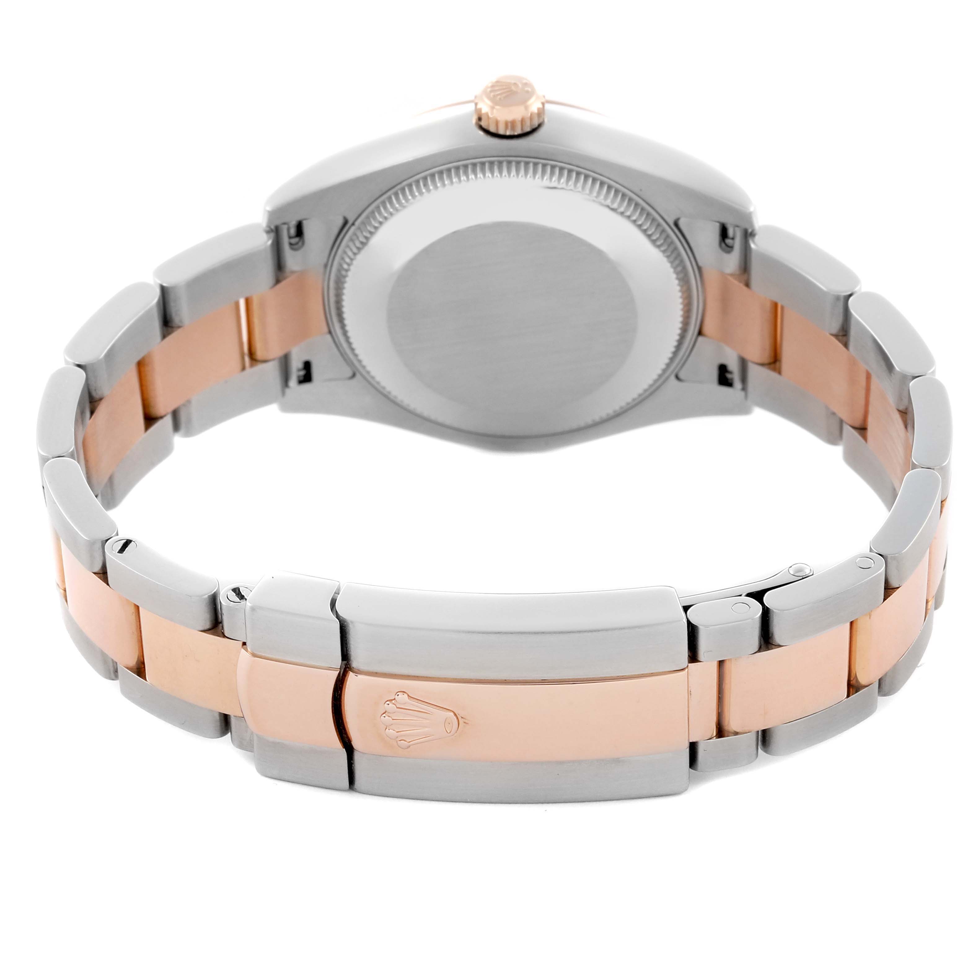 The Rolex Datejust 178241 Women's Steel and Gold (two tone) Silver Dial 178241 Women's Steel and Gold (two tone) Silver Dial watch is shown from the back, highlighting the stainless steel and rose gold bracelet and clasp.