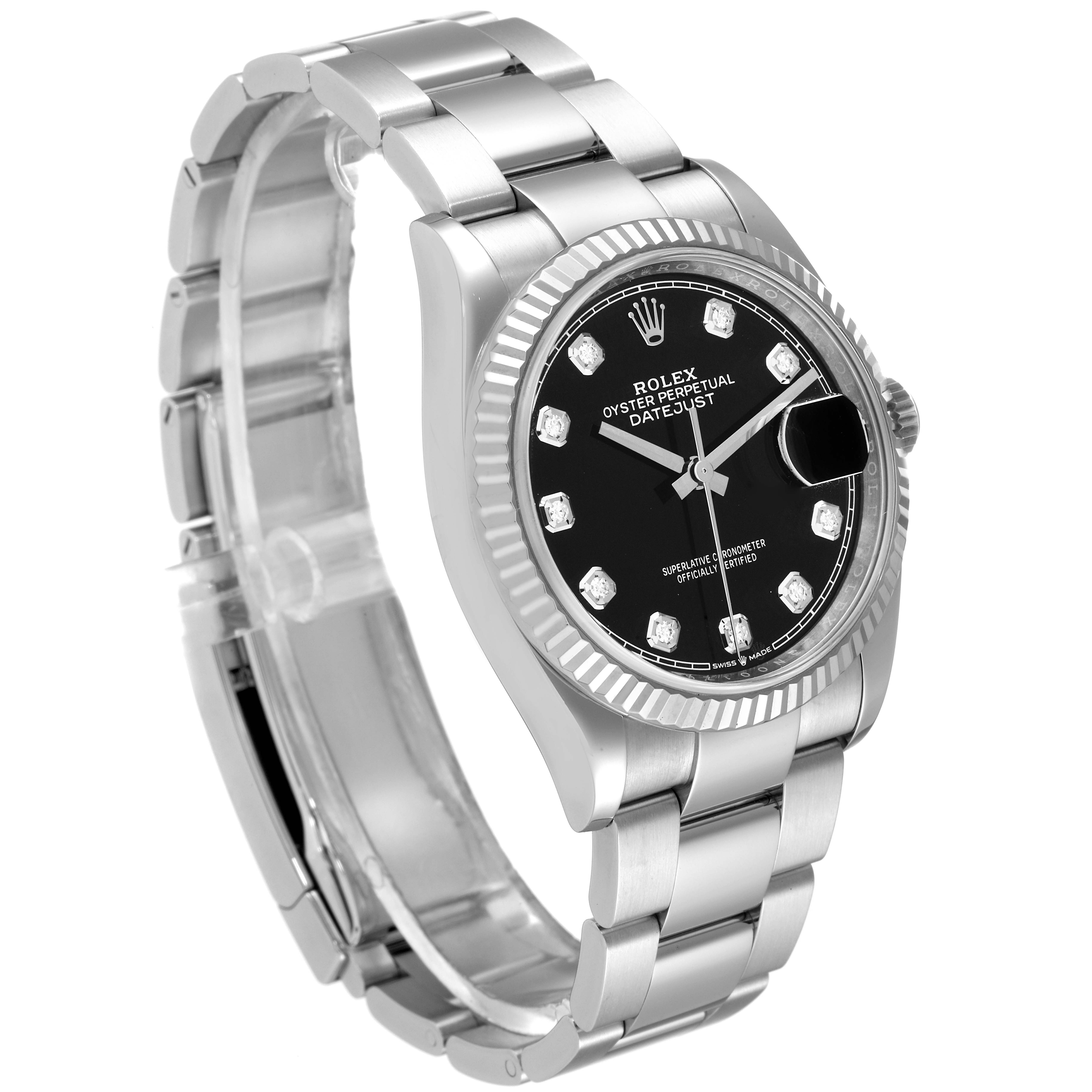 The image shows a Rolex Datejust 126234 Men
s Stainless Steel Black Dial 126234 Men
s Stainless Steel Black Dial watch at an angled side view, highlighting its black dial, diamond hour markers, and stainless steel bracelet.