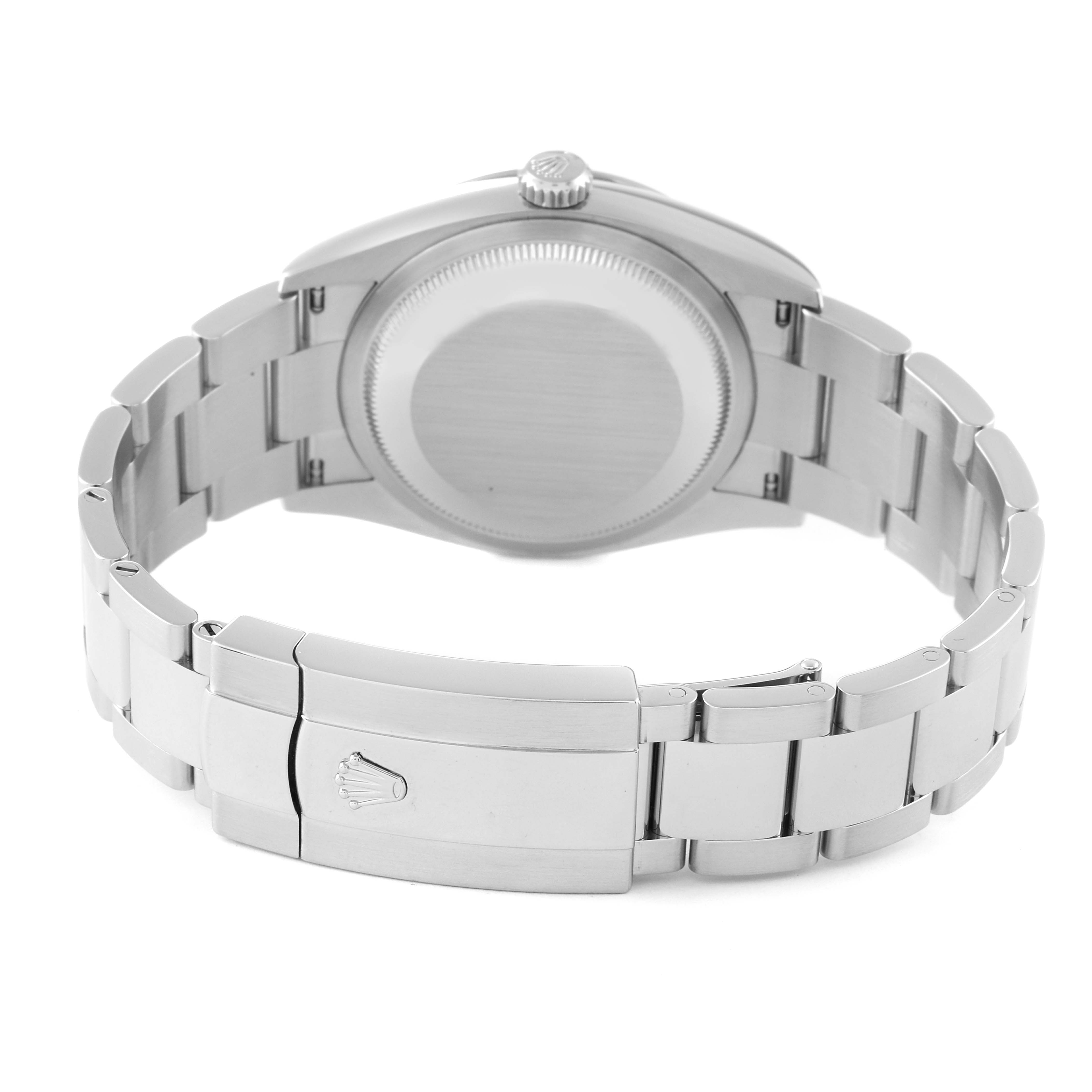 This image shows the rear view of a Rolex Datejust 126234 Men
s Stainless Steel Black Dial 126234 Men
s Stainless Steel Black Dial watch, showcasing the bracelet and case back.