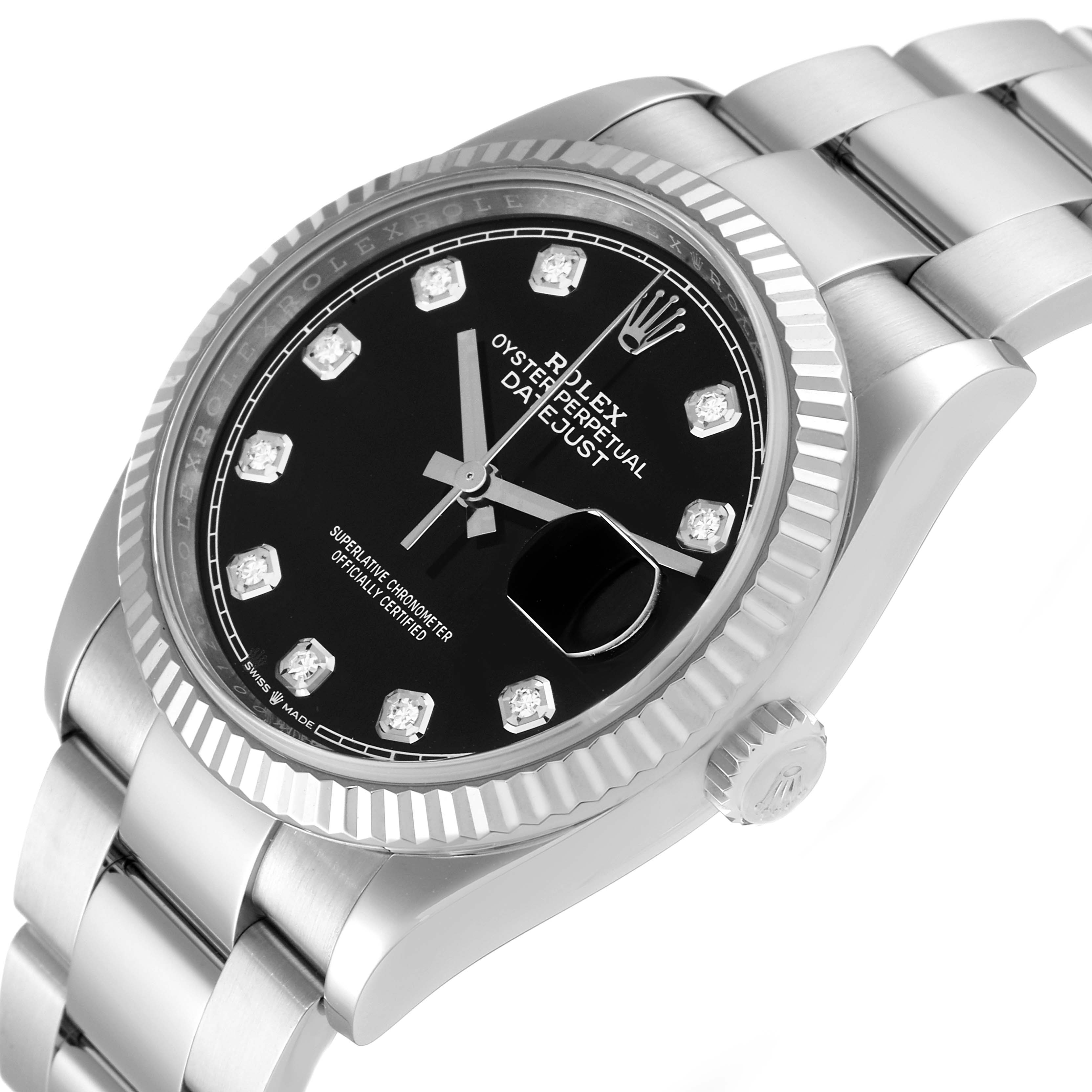 This image shows an angled view of the Rolex Datejust 126234 Men
s Stainless Steel Black Dial 126234 Men
s Stainless Steel Black Dial watch, highlighting the dial, bezel, and part of the bracelet.