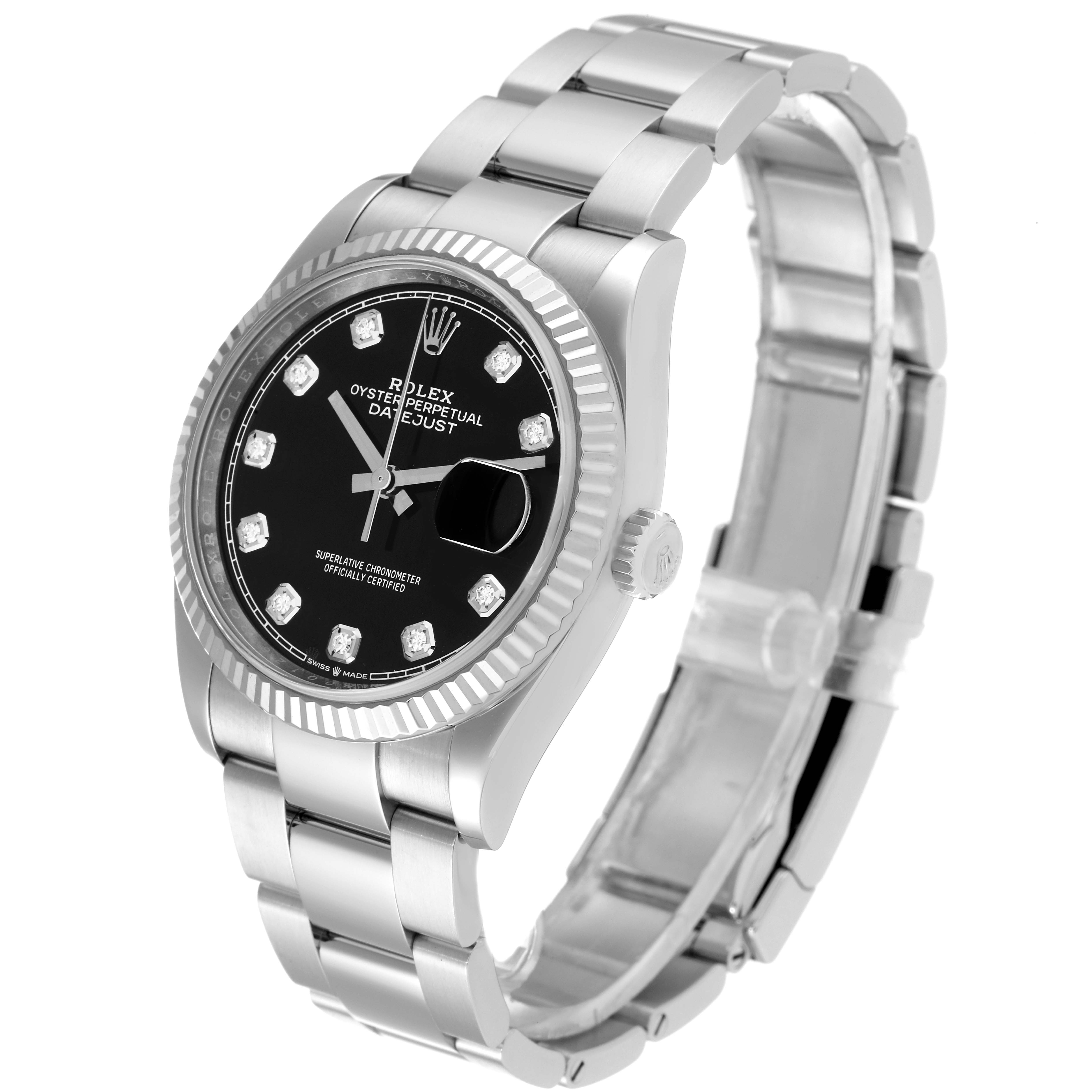 The image shows a Rolex Datejust 126234 Men
s Stainless Steel Black Dial 126234 Men
s Stainless Steel Black Dial watch angled to display the face, bezel, crown, and bracelet.