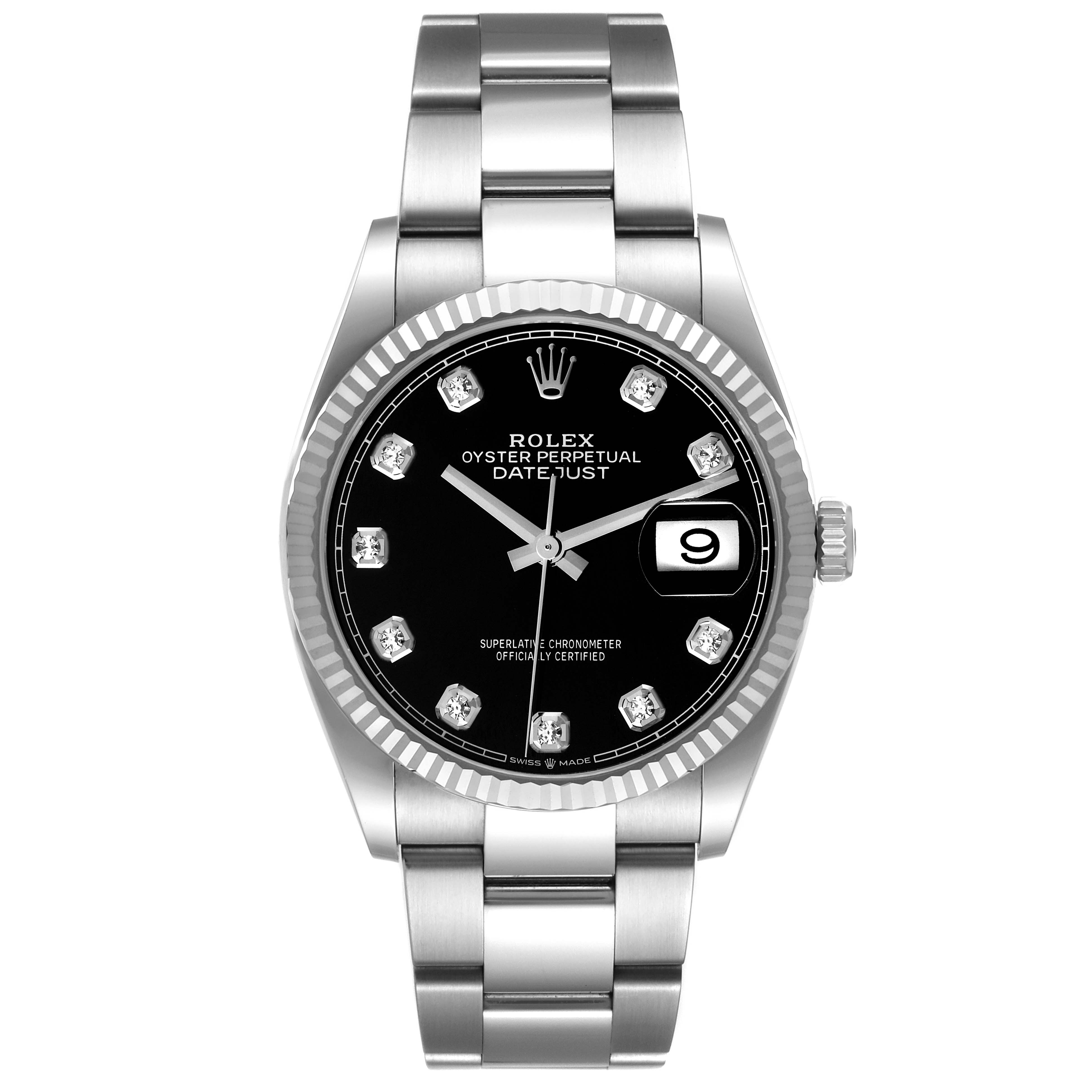 The image shows a front view of a Rolex Datejust 126234 Men
s Stainless Steel Black Dial 126234 Men
s Stainless Steel Black Dial watch, displaying the dial, bracelet, and bezel.