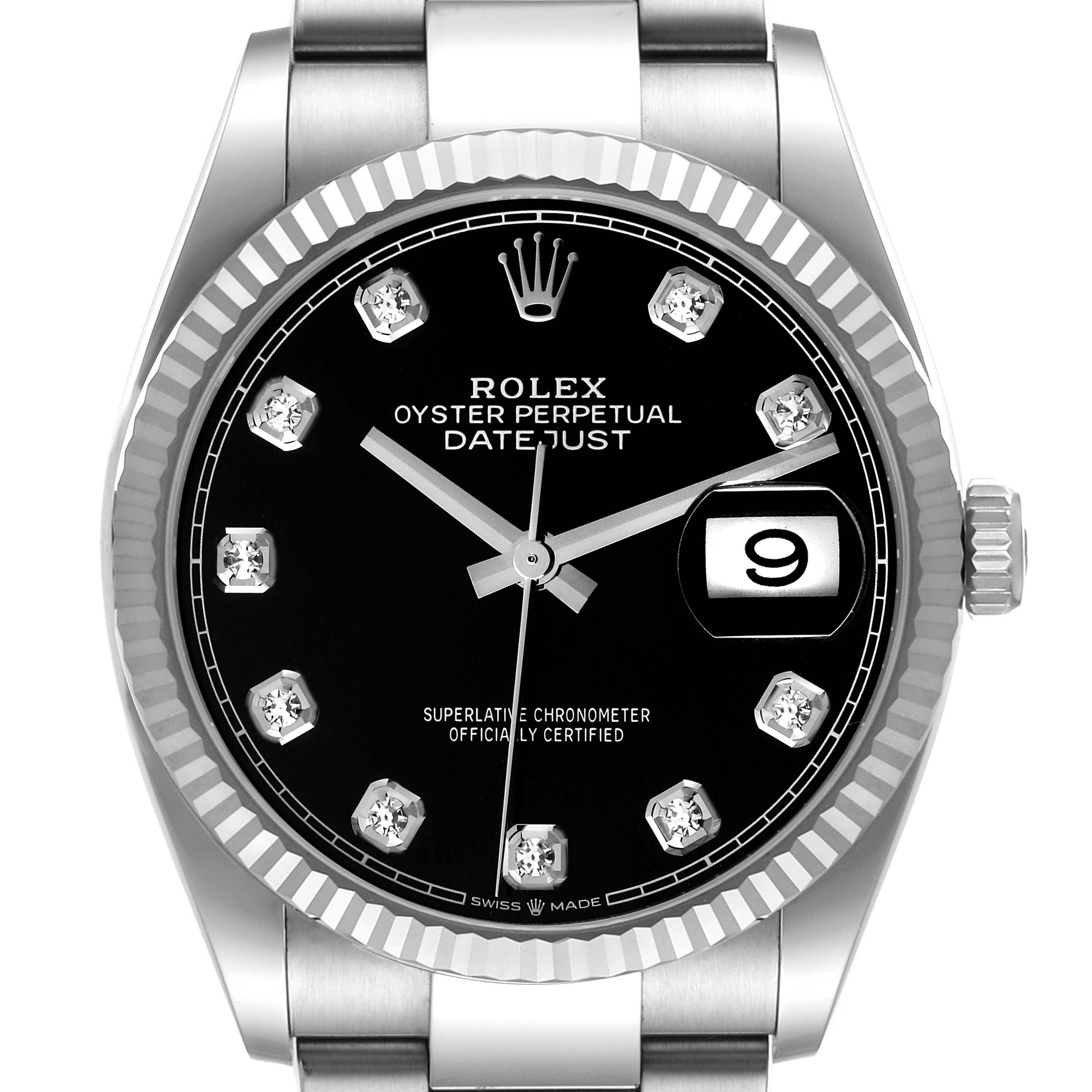This is a top-angle view of the Rolex Datejust 126234 Men
s Stainless Steel Black Dial 126234 Men
s Stainless Steel Black Dial watch showing the dial, bezel, crown, and part of the bracelet.