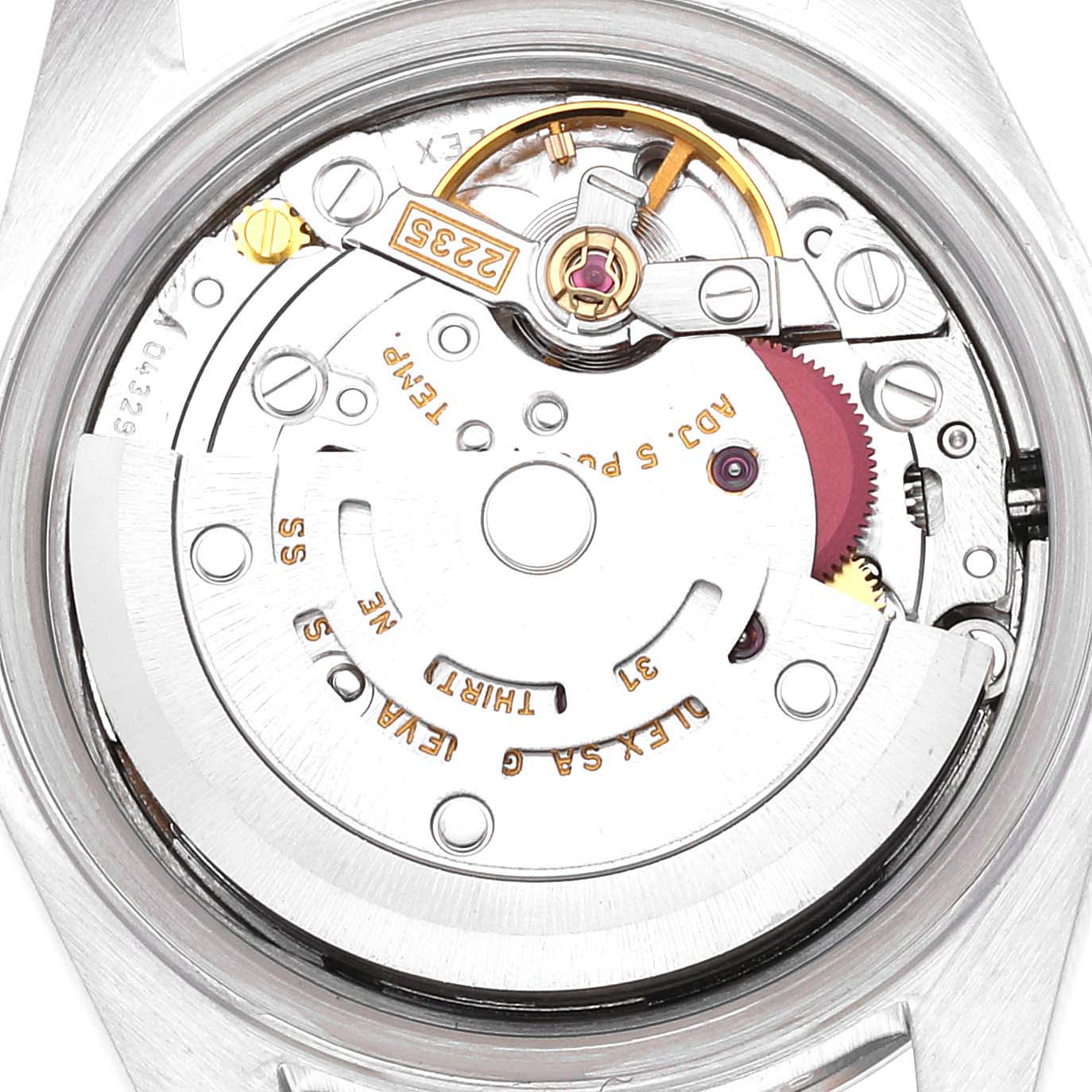 This image shows the internal mechanism and movement of a Rolex Datejust 79174 Women's Stainless Steel Silver Dial 79174 Women's Stainless Steel Silver Dial watch viewed from the back.