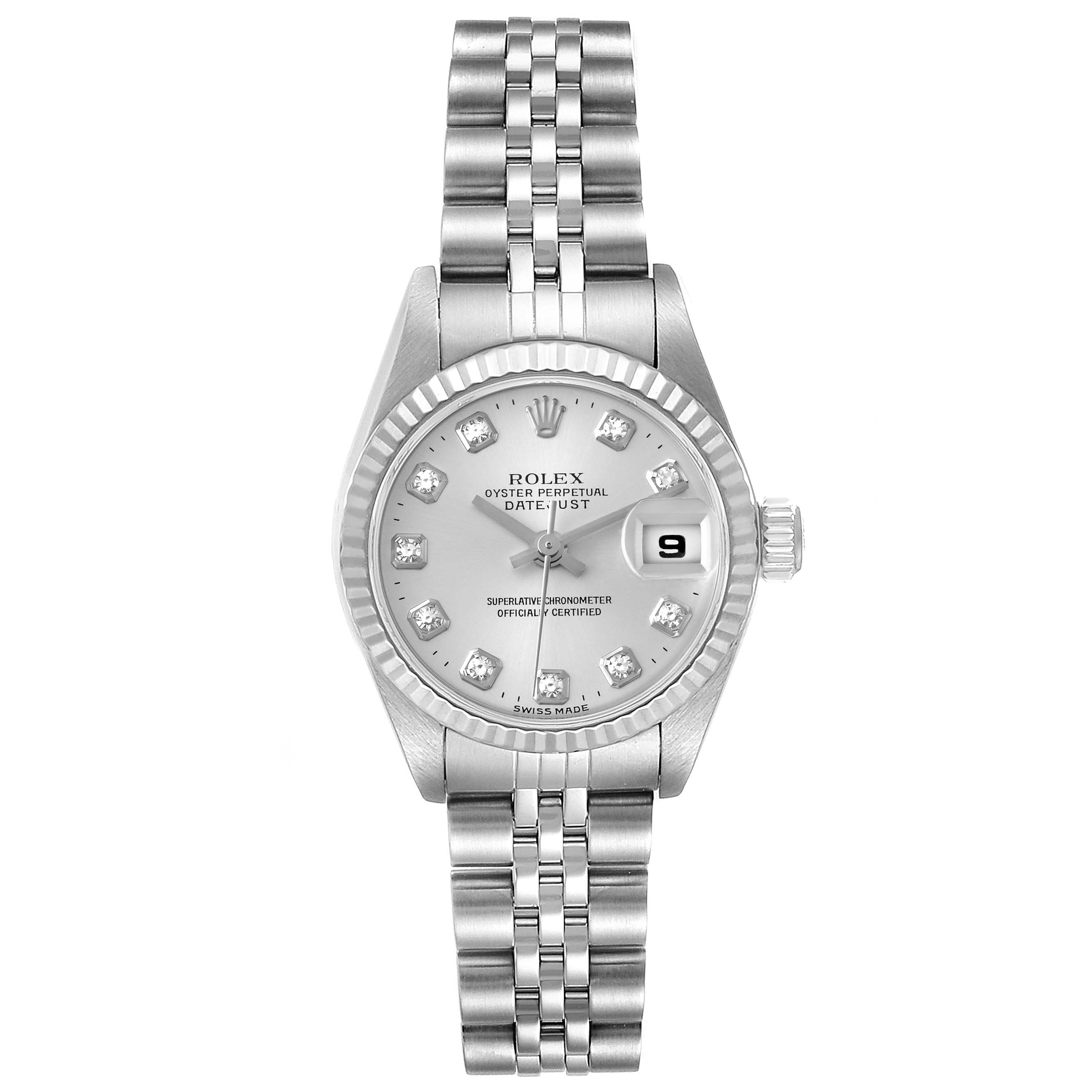 The image shows a front view of a Rolex Datejust 79174 Women's Stainless Steel Silver Dial 79174 Women's Stainless Steel Silver Dial watch, displaying the face, bezel, and bracelet.