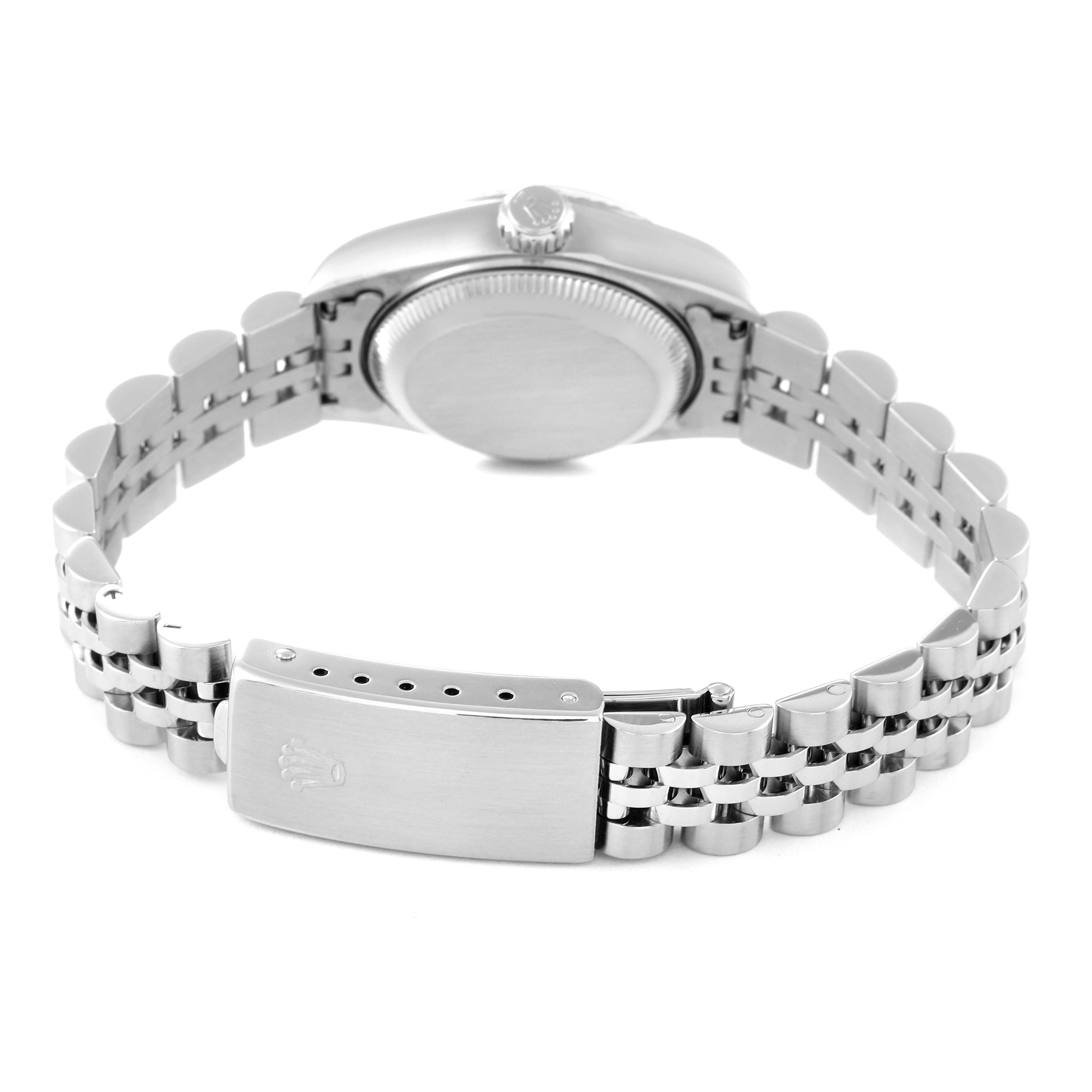 This is a rear view of a Rolex Datejust 79174 Women's Stainless Steel Silver Dial 79174 Women's Stainless Steel Silver Dial watch, showing the bracelet, clasp, case back, and crown.