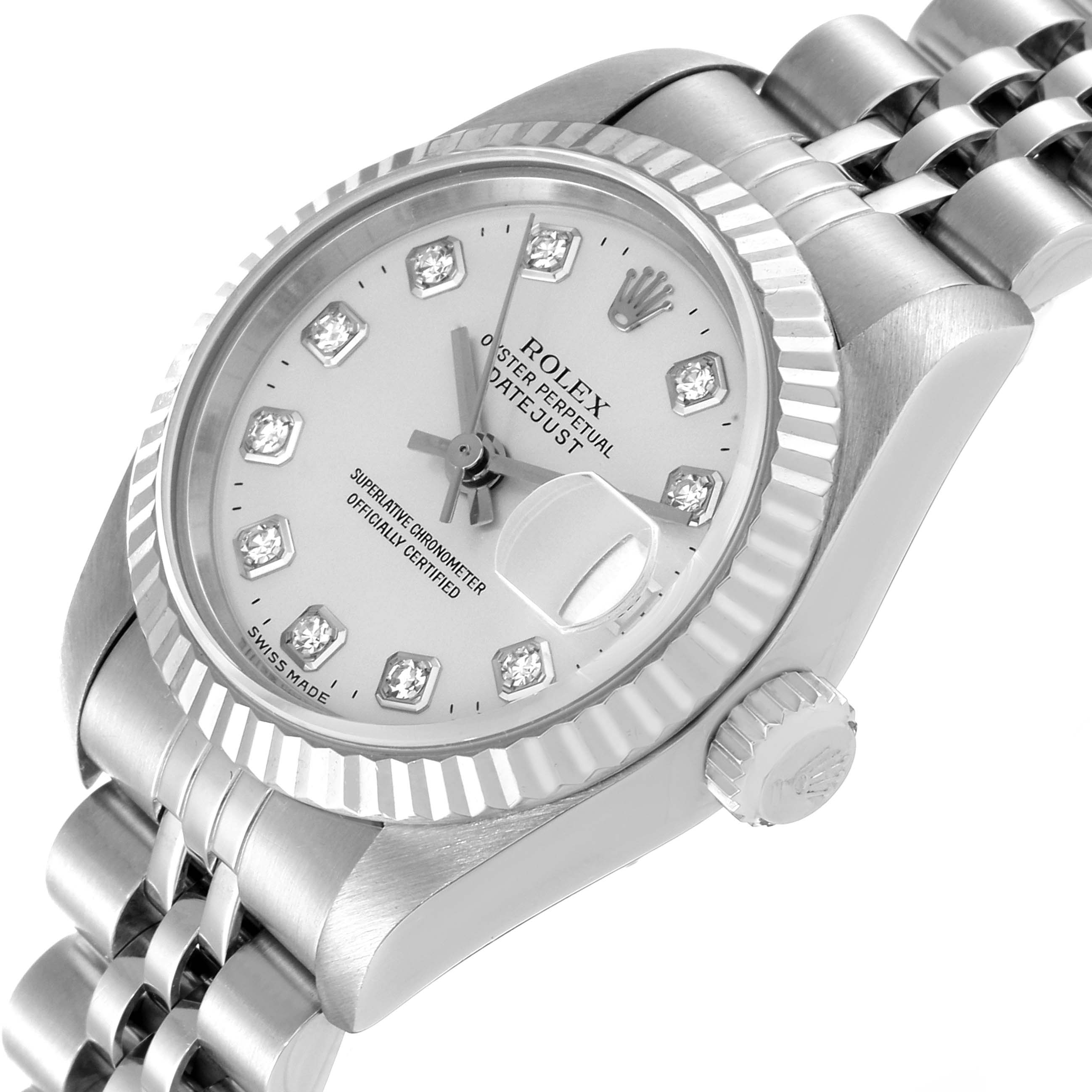 The image shows a Rolex Datejust 79174 Women's Stainless Steel Silver Dial 79174 Women's Stainless Steel Silver Dial watch from an oblique angle, highlighting its dial, bezel, crown, and portion of the bracelet.