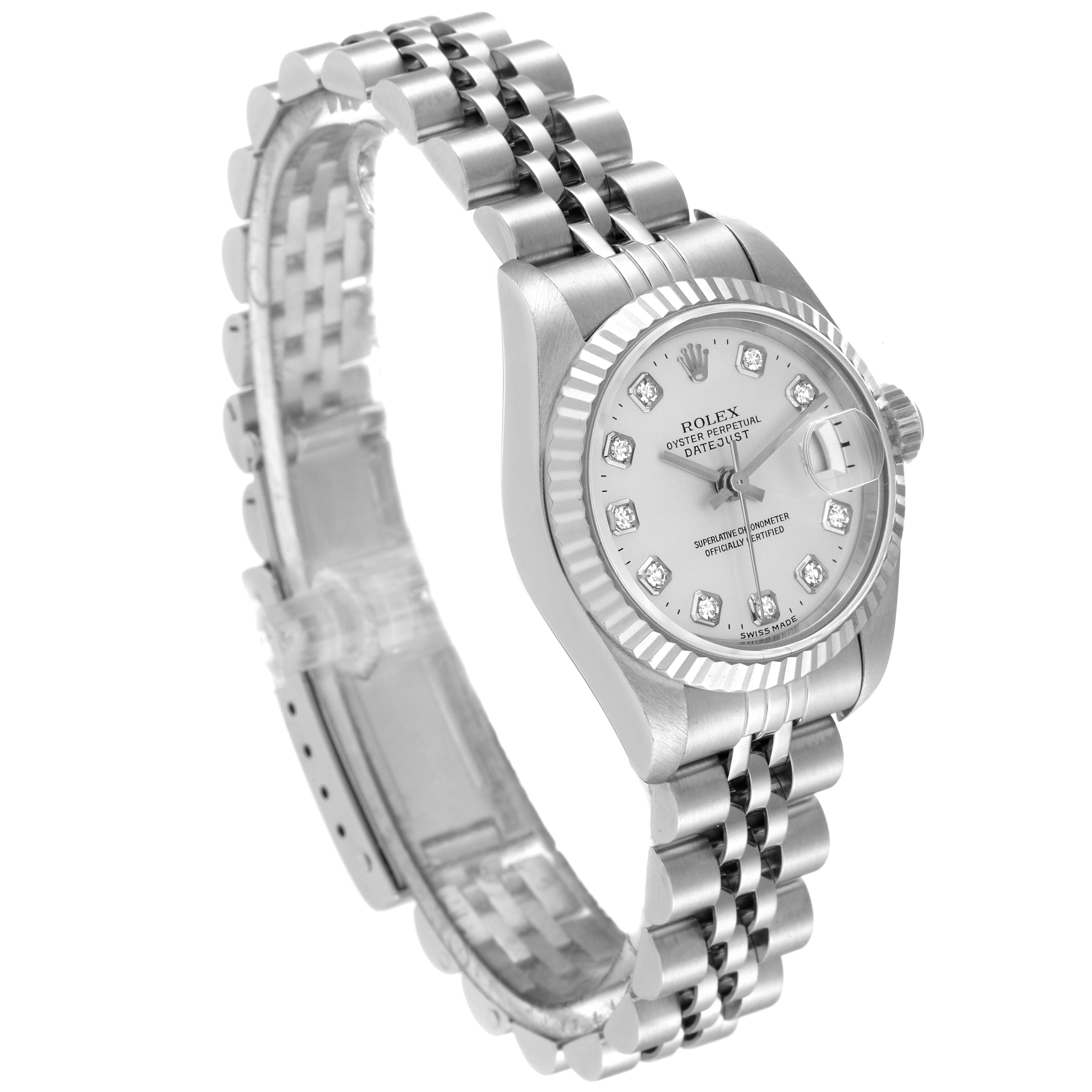 The image shows a side angle view of a Rolex Datejust 79174 Women's Stainless Steel Silver Dial 79174 Women's Stainless Steel Silver Dial watch featuring the face, bezel, and bracelet.