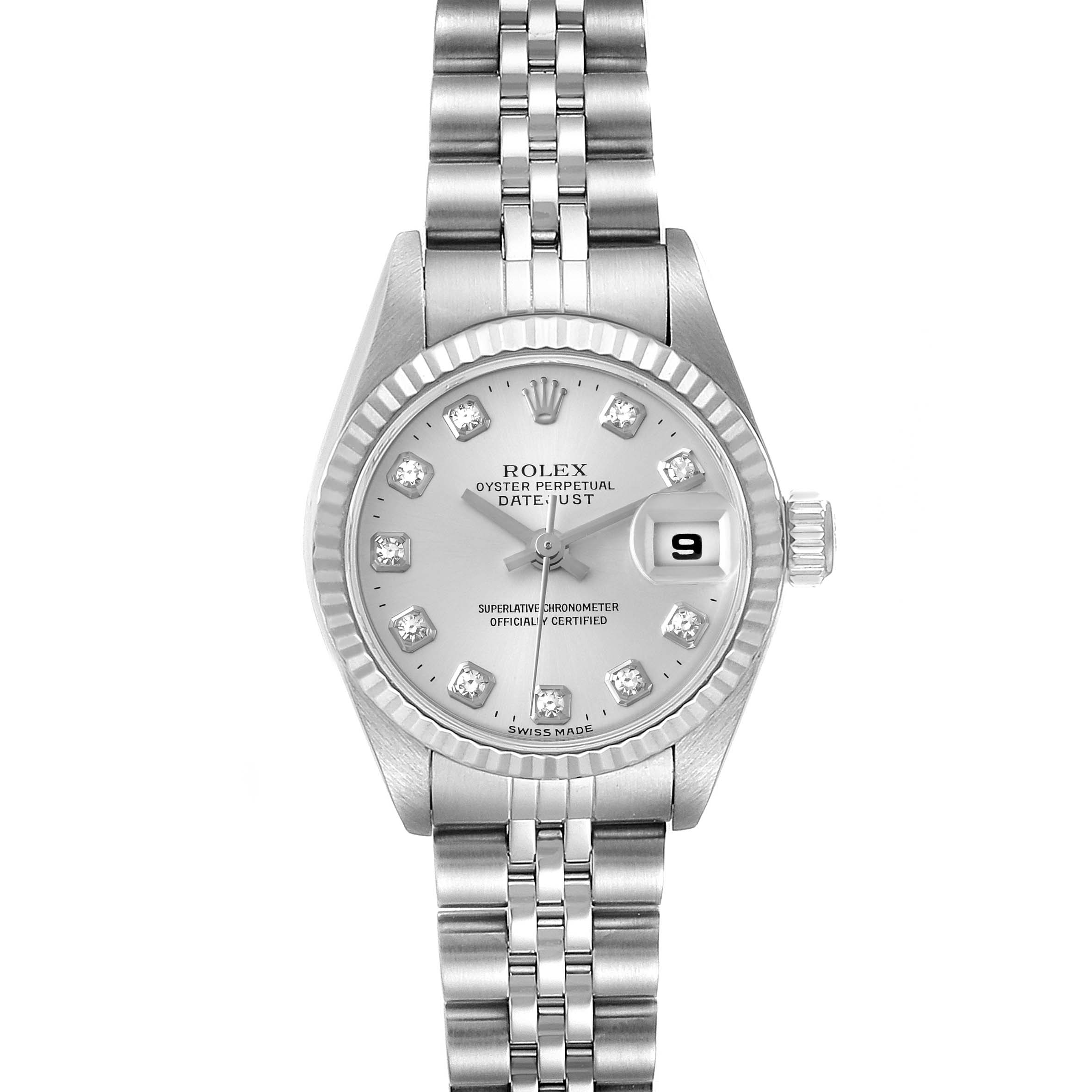 The image shows a Rolex Datejust 79174 Women's Stainless Steel Silver Dial 79174 Women's Stainless Steel Silver Dial watch from a front angle, highlighting its face, bracelet, and fluted bezel.