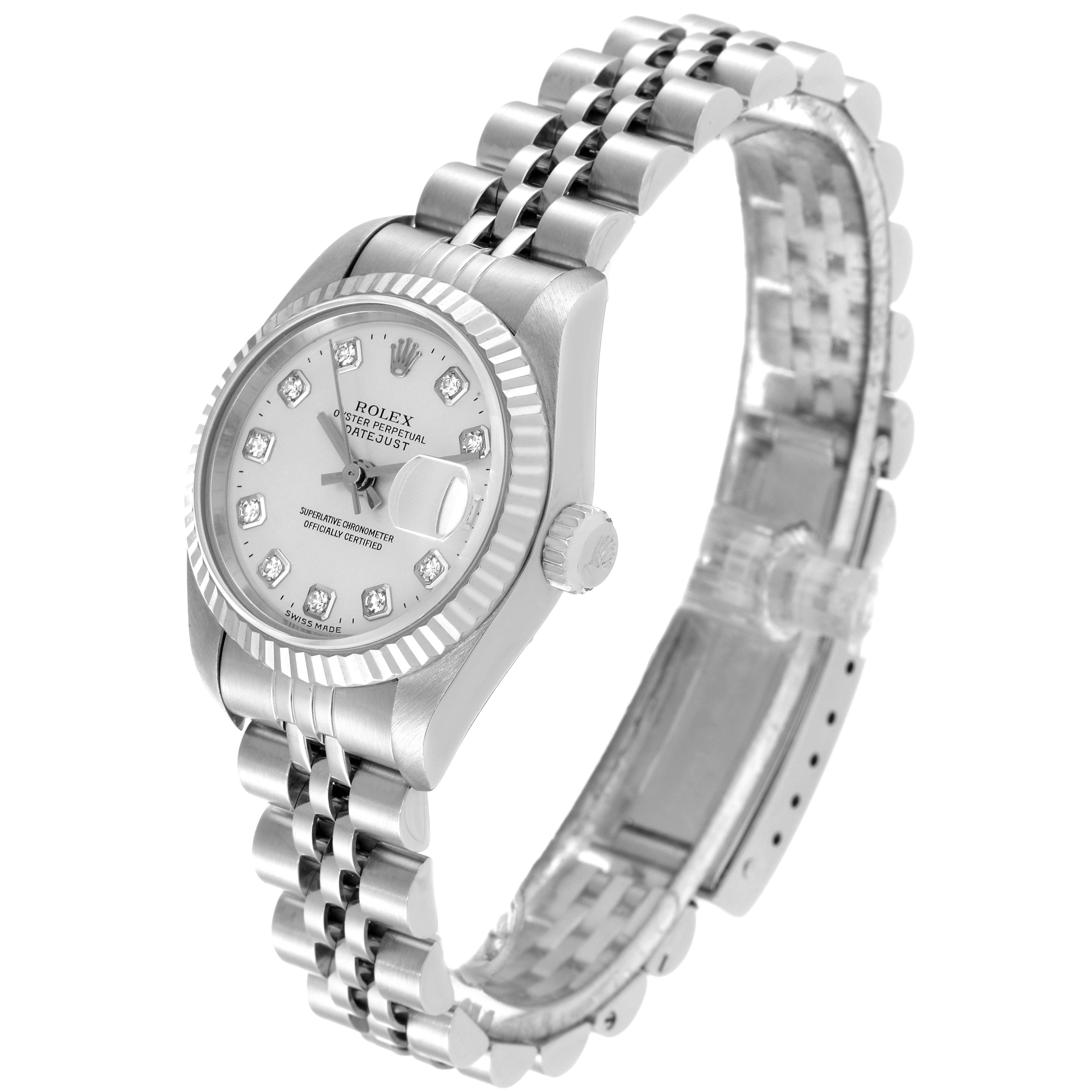 The Rolex Datejust 79174 Women's Stainless Steel Silver Dial 79174 Women's Stainless Steel Silver Dial watch is shown at a tilted angle, displaying its face, bezel, case, winding crown, and bracelet.