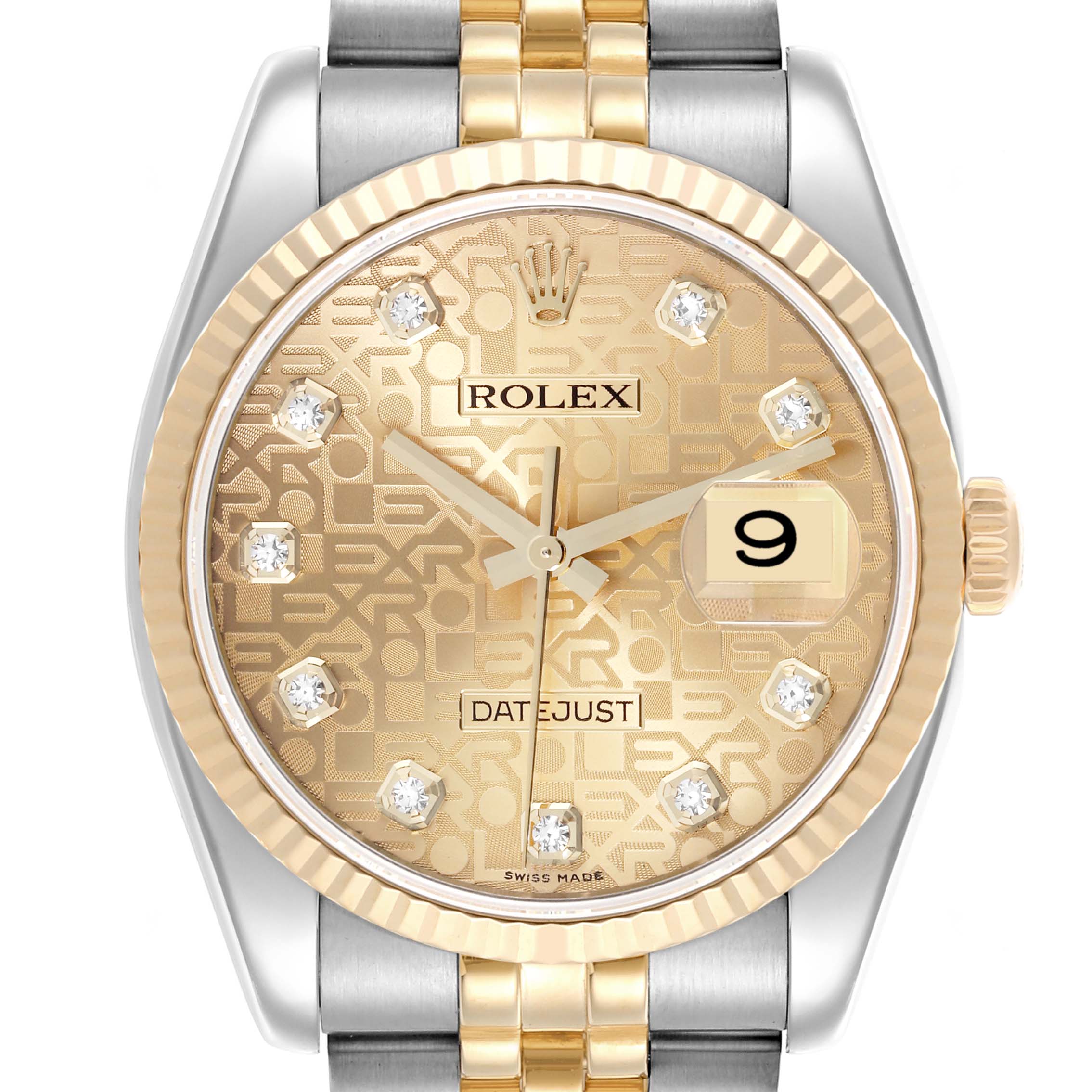 The Rolex Datejust 116233 Men's Steel and Gold (two tone) Champagne Dial 116233 Men's Steel and Gold (two tone) Champagne Dial watch is shown from the front, displaying the dial, fluted bezel, and two-tone bracelet.