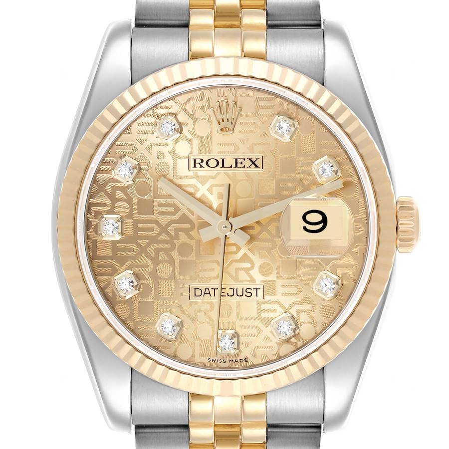 The Rolex Datejust watch is shown from the front, displaying the dial, fluted bezel, and two-tone bracelet.