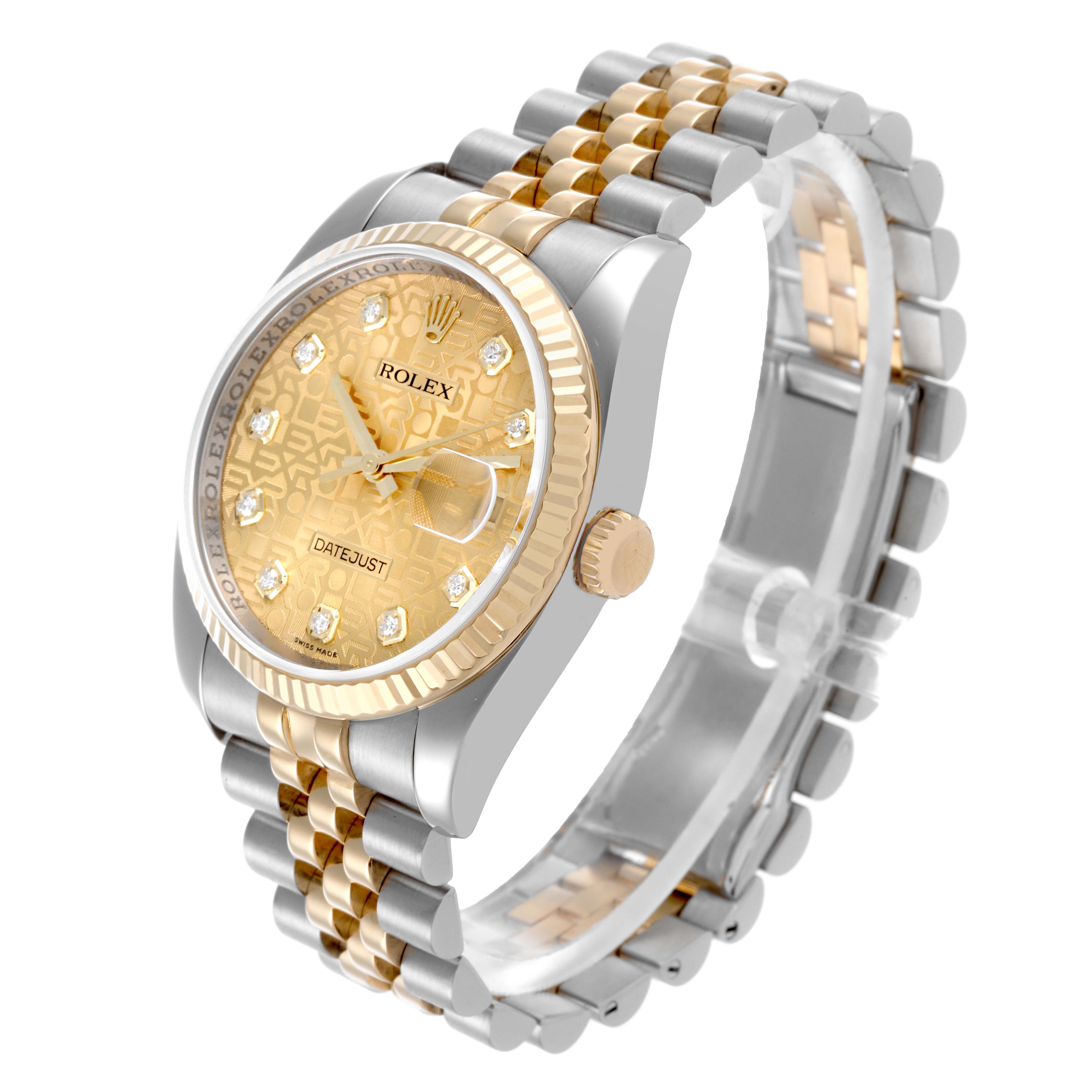 The Rolex Datejust 116233 Men's Steel and Gold (two tone) Champagne Dial 116233 Men's Steel and Gold (two tone) Champagne Dial watch is shown at an oblique angle, highlighting the dial, bezel, crown, and bracelet.