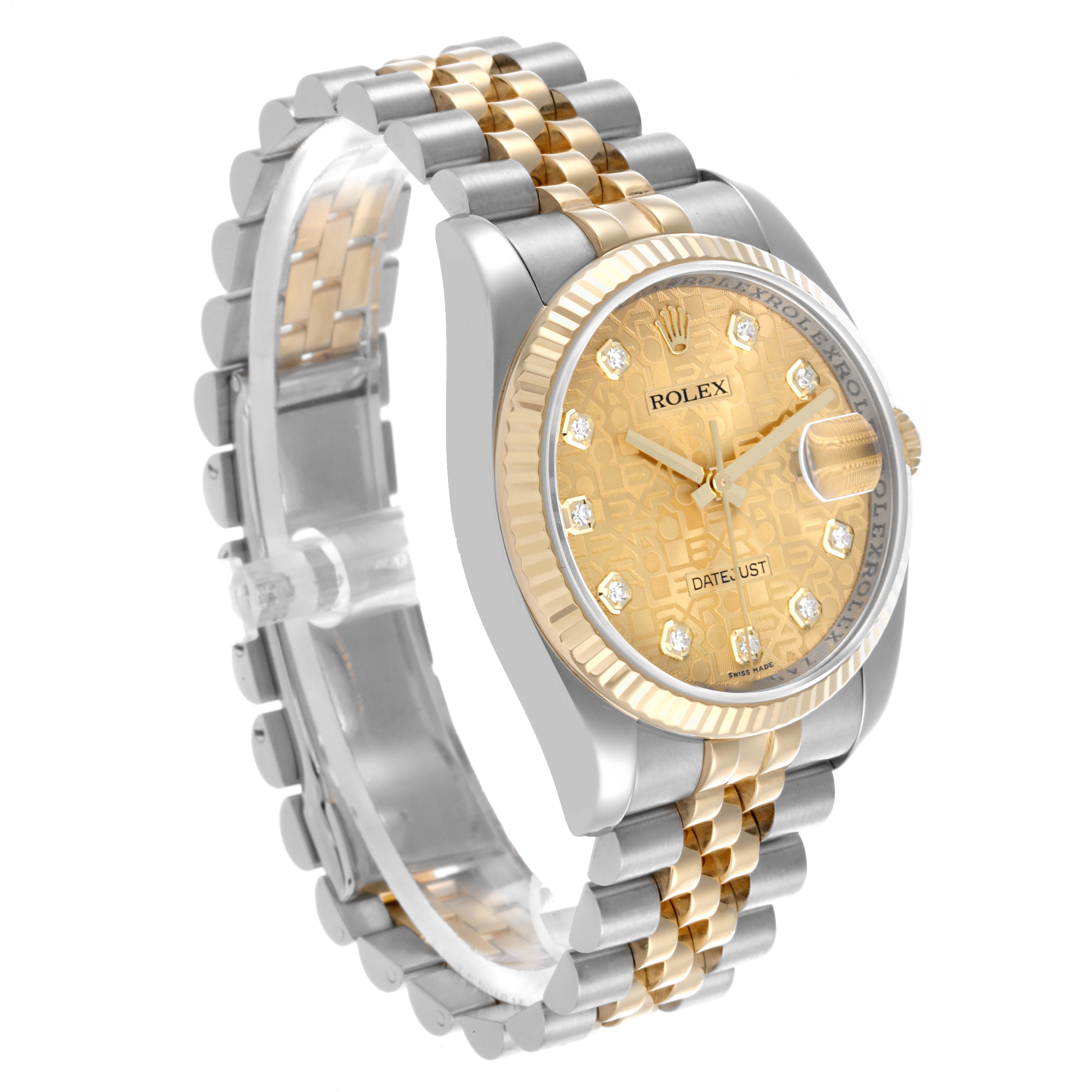 The Rolex Datejust 116233 Men's Steel and Gold (two tone) Champagne Dial 116233 Men's Steel and Gold (two tone) Champagne Dial watch is shown at a three-quarter angle, highlighting the dial, bezel, and two-tone bracelet.