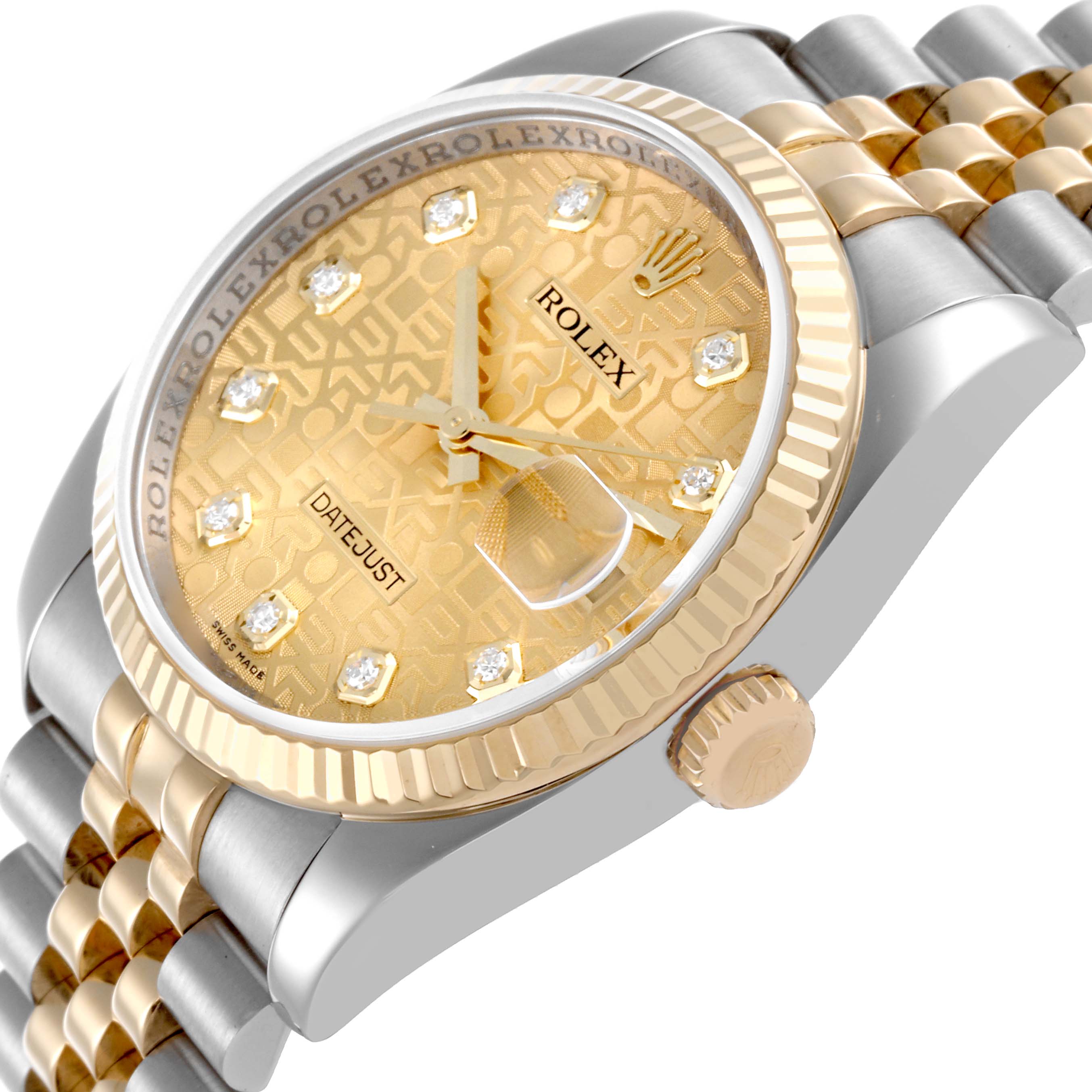 The image shows a side angle of the Rolex Datejust 116233 Men's Steel and Gold (two tone) Champagne Dial 116233 Men's Steel and Gold (two tone) Champagne Dial watch, highlighting the case, bezel, crown, and part of the bracelet.