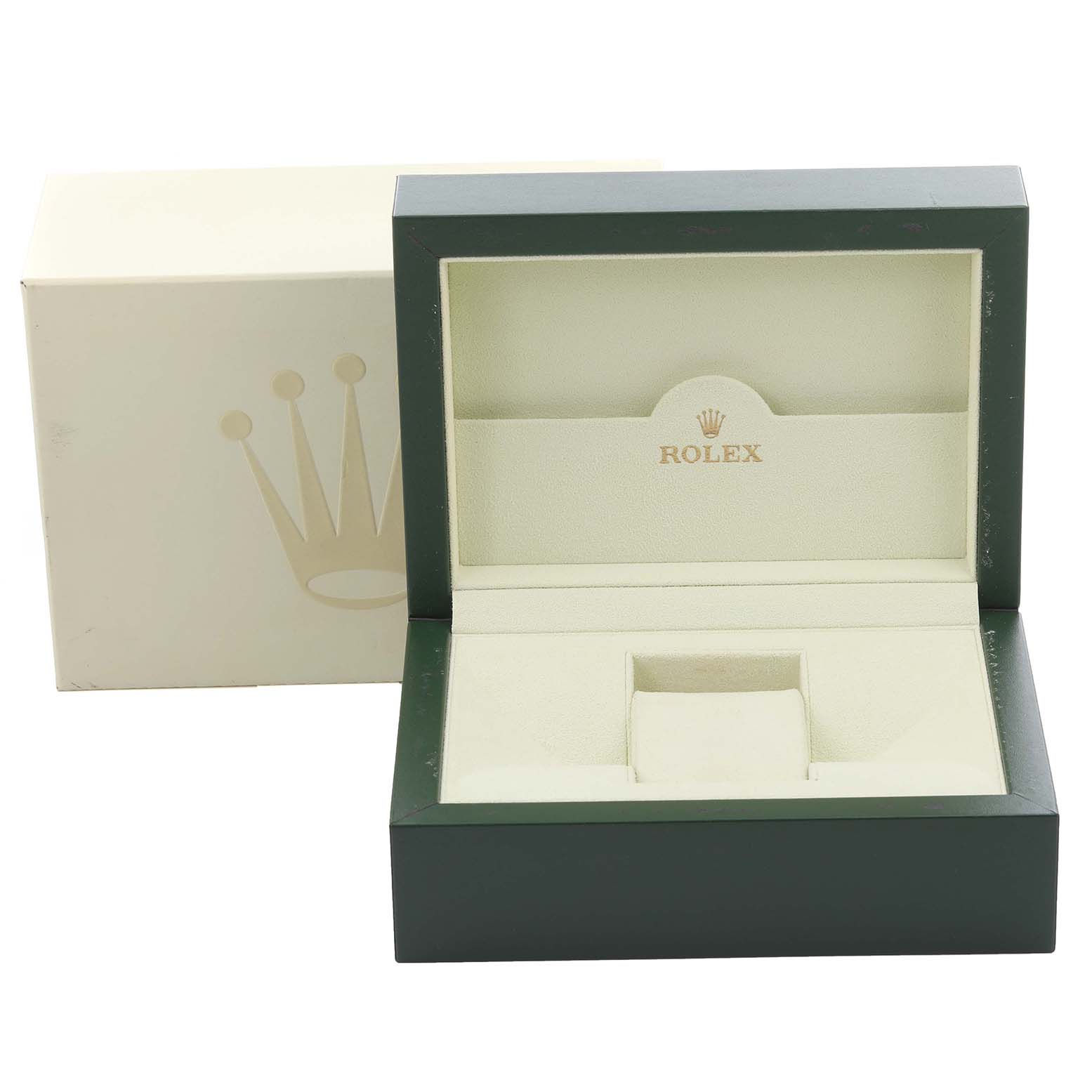 The image shows a Rolex Datejust 116233 Men's Steel and Gold (two tone) Champagne Dial 116233 Men's Steel and Gold (two tone) Champagne Dial watch box at a front angle, displaying the open lid and interior compartment.