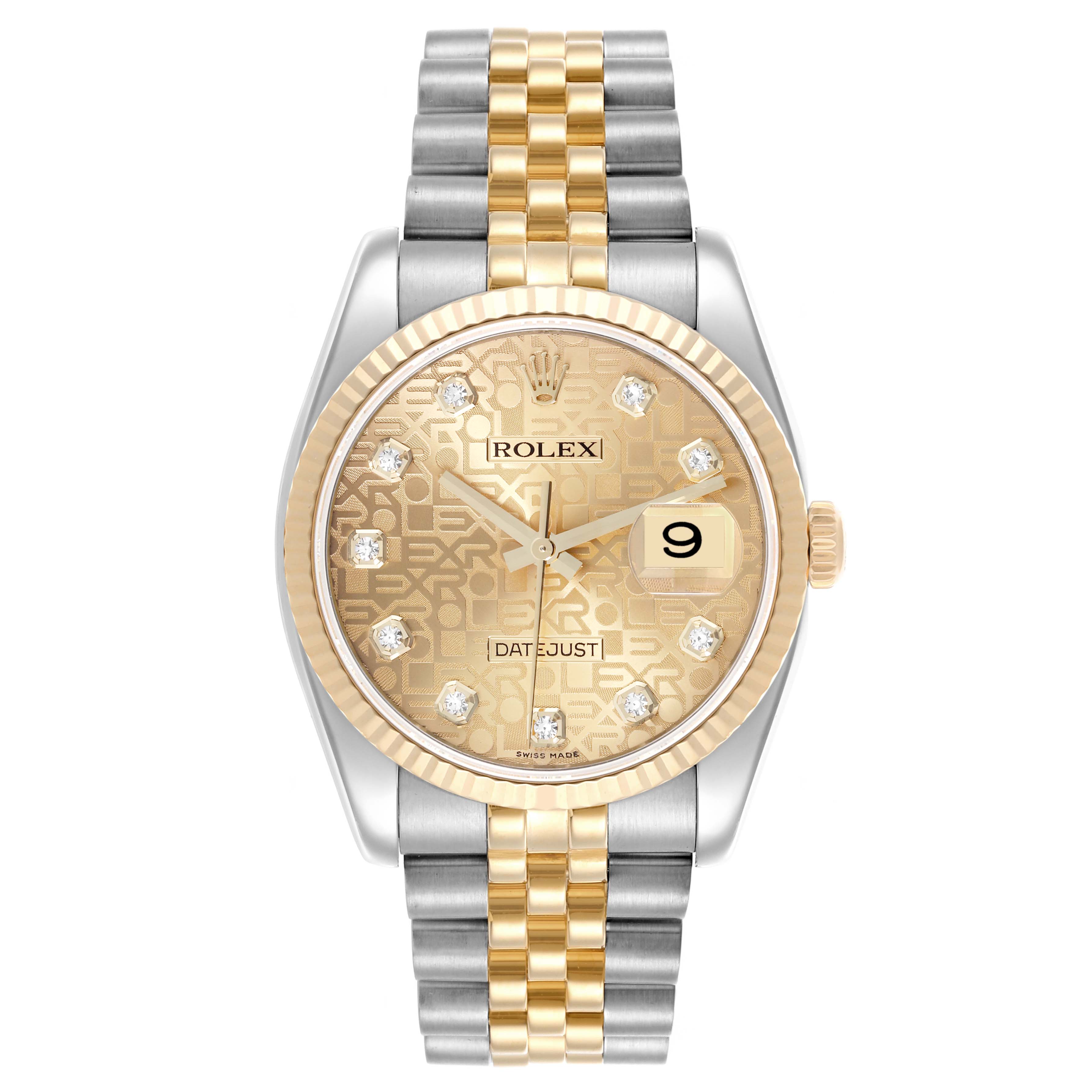 The Rolex Datejust 116233 Men's Steel and Gold (two tone) Champagne Dial 116233 Men's Steel and Gold (two tone) Champagne Dial watch is displayed front-on, showing the dial, crown, and two-tone bracelet.